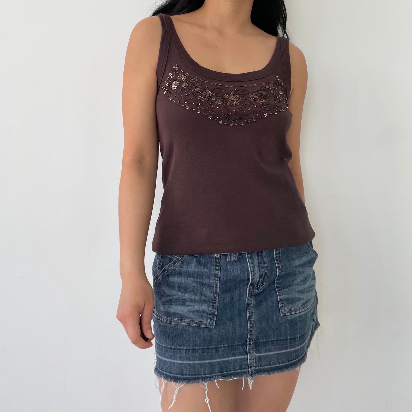 Lady Hathaway Brown Beaded Tank Top - Medium