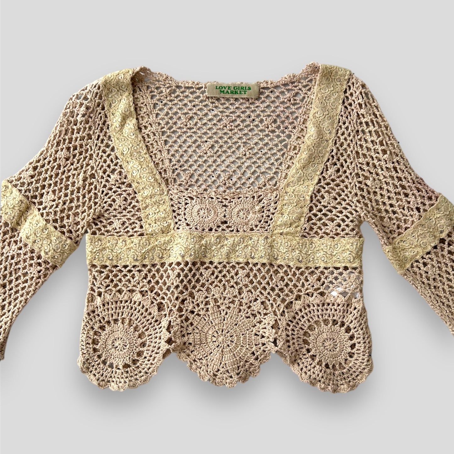 Love Girls Market Beige Square Neck Bell Sleeve Crochet Top - X-Small