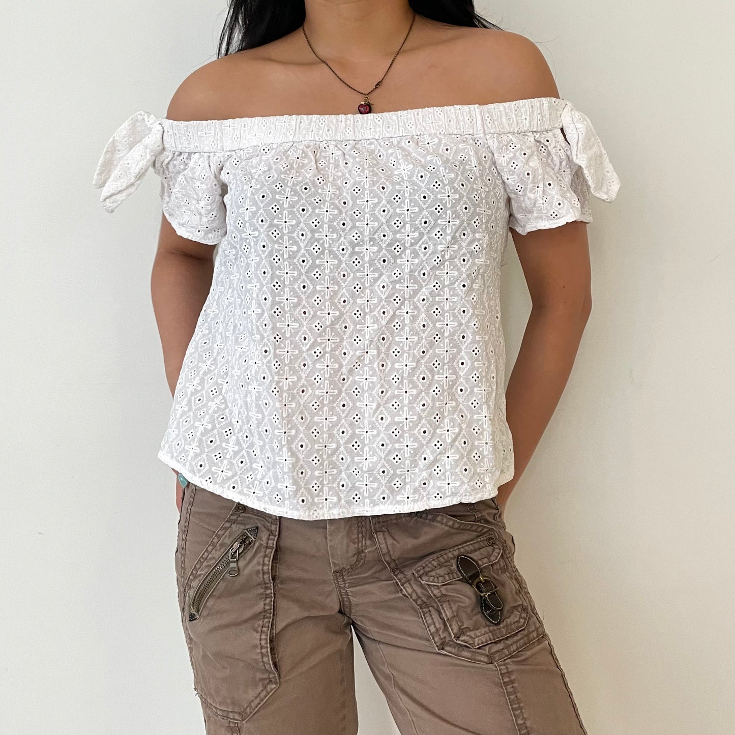 Abercrombie and Fitch White Broderie Anglaise Off Shoulder Top - Small