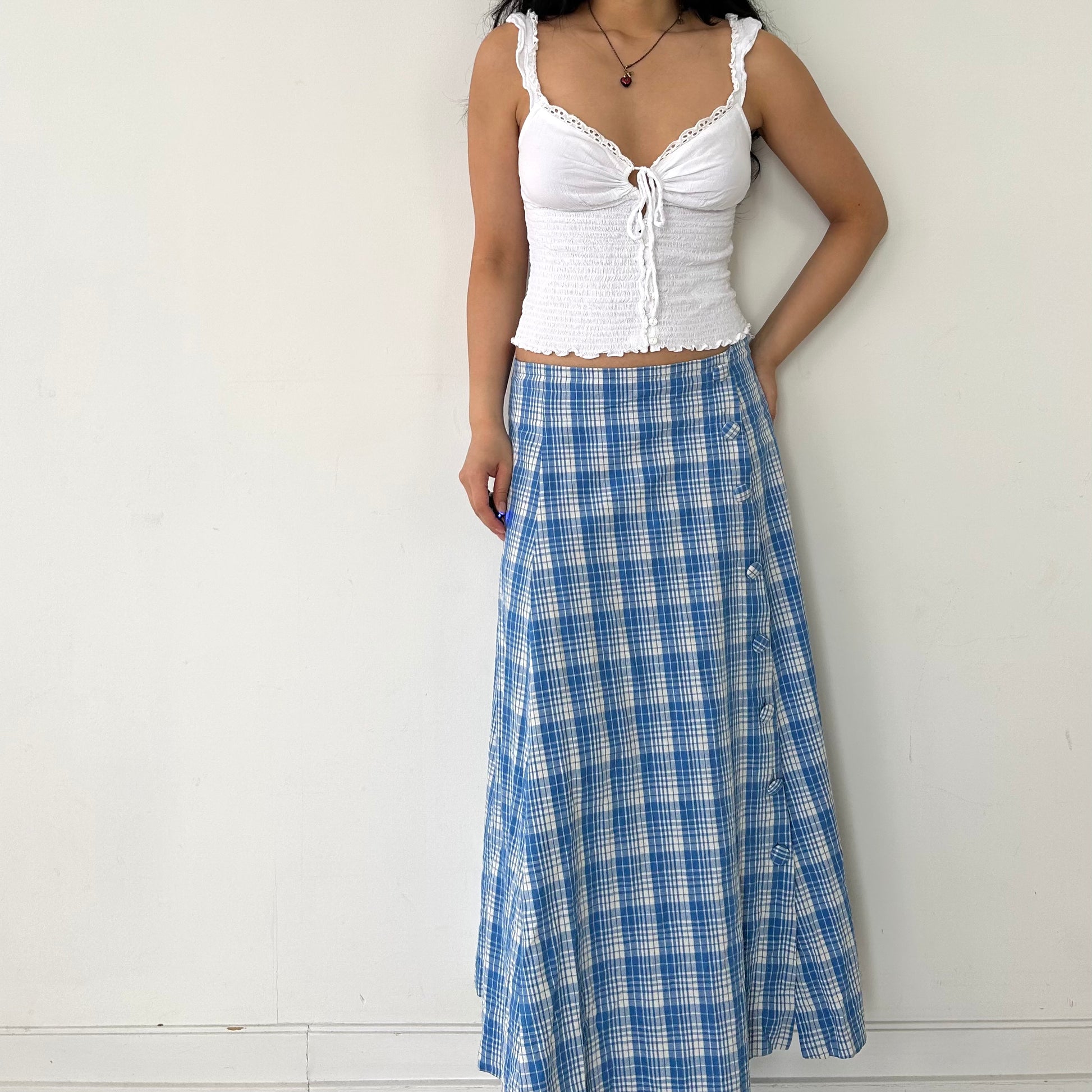 Zara Blue and White Plaid Maxi Skirt Medium Large