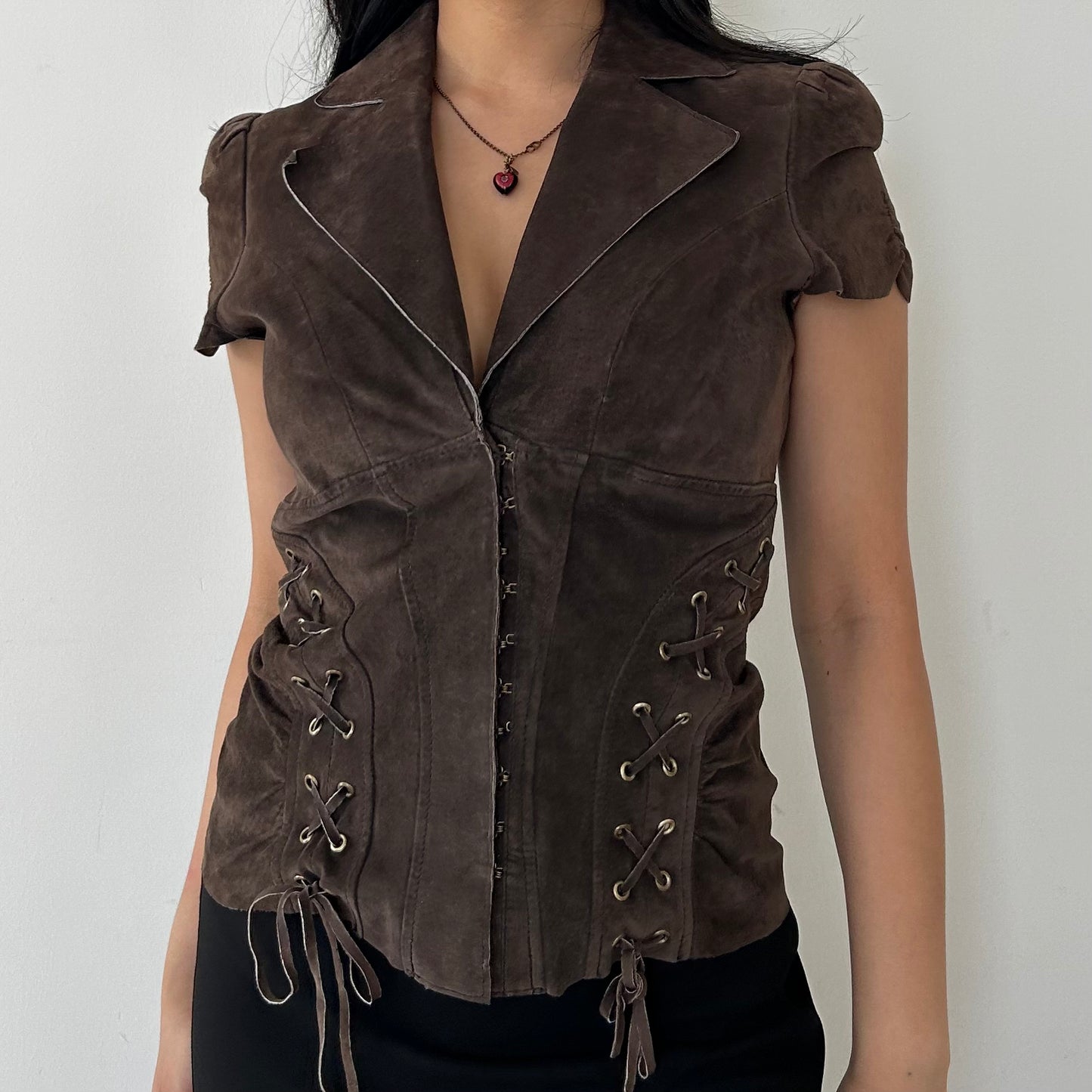 Marciano Dark Brown Suede Short Sleeve Western Cowgirl Top - Small