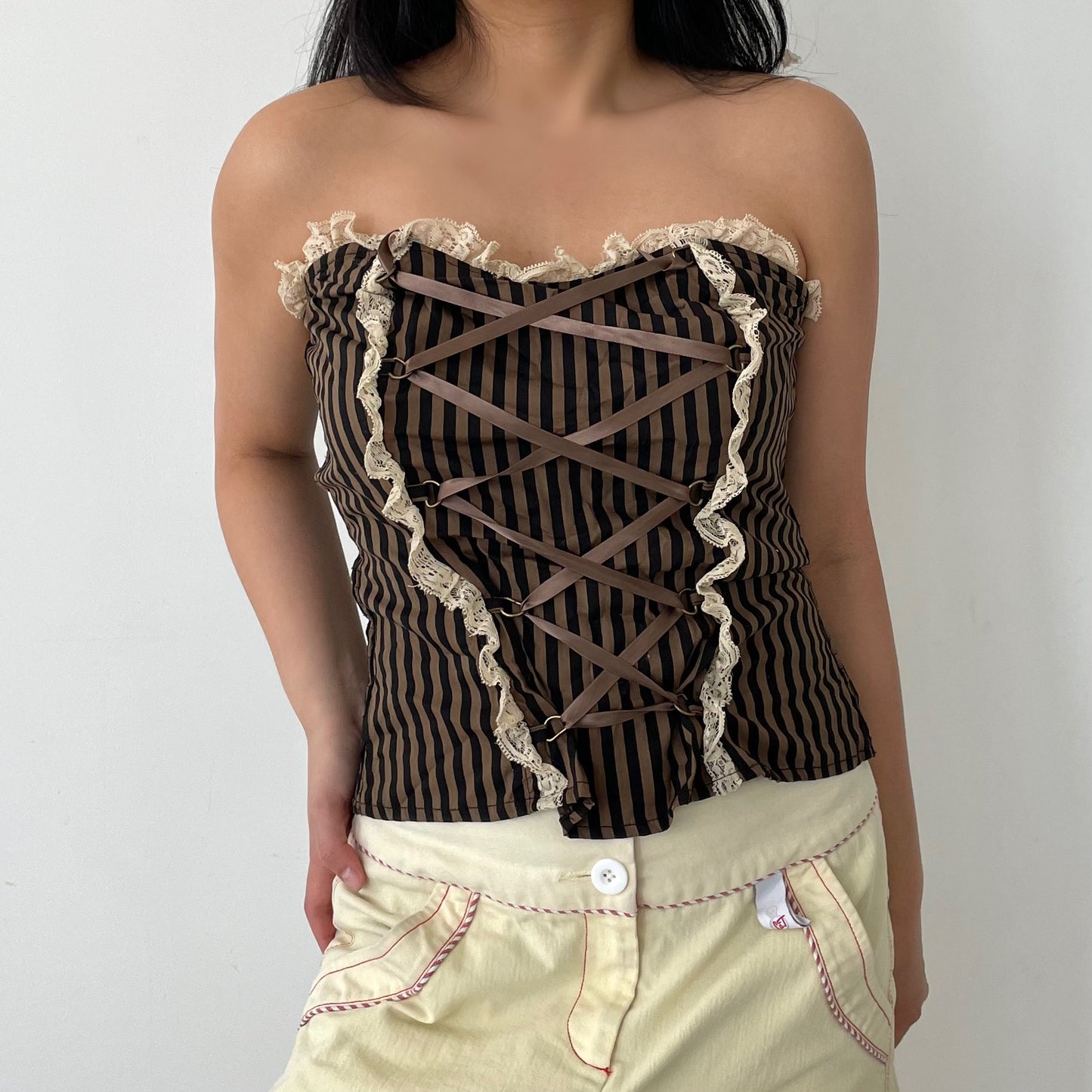 Spin Doctor Brown Lace Trim Strapless Lace Front Brown Striped Top - Large