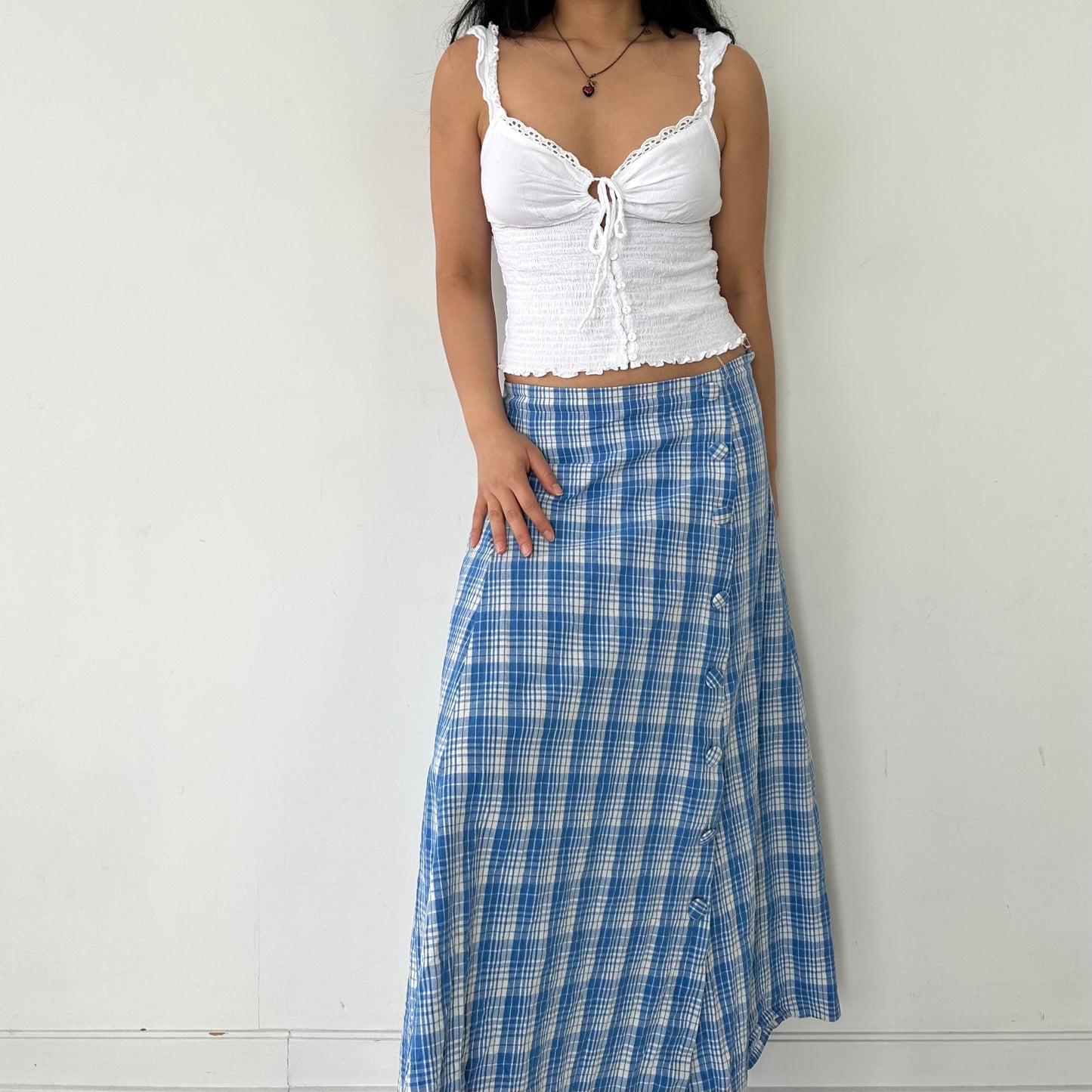 Zara Blue and White Plaid Maxi Skirt - Medium/Large