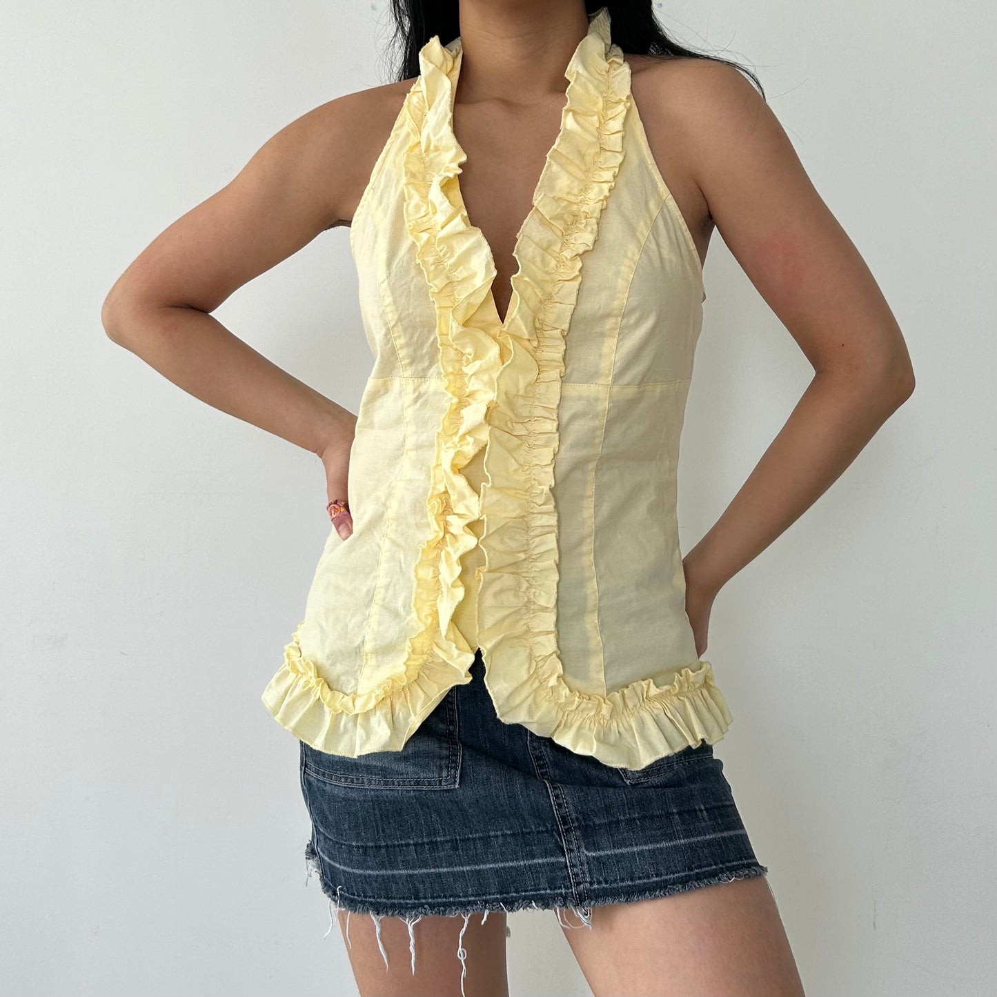 Costa Blanca Butter Yellow Ruffle Halter Neck Top - Large