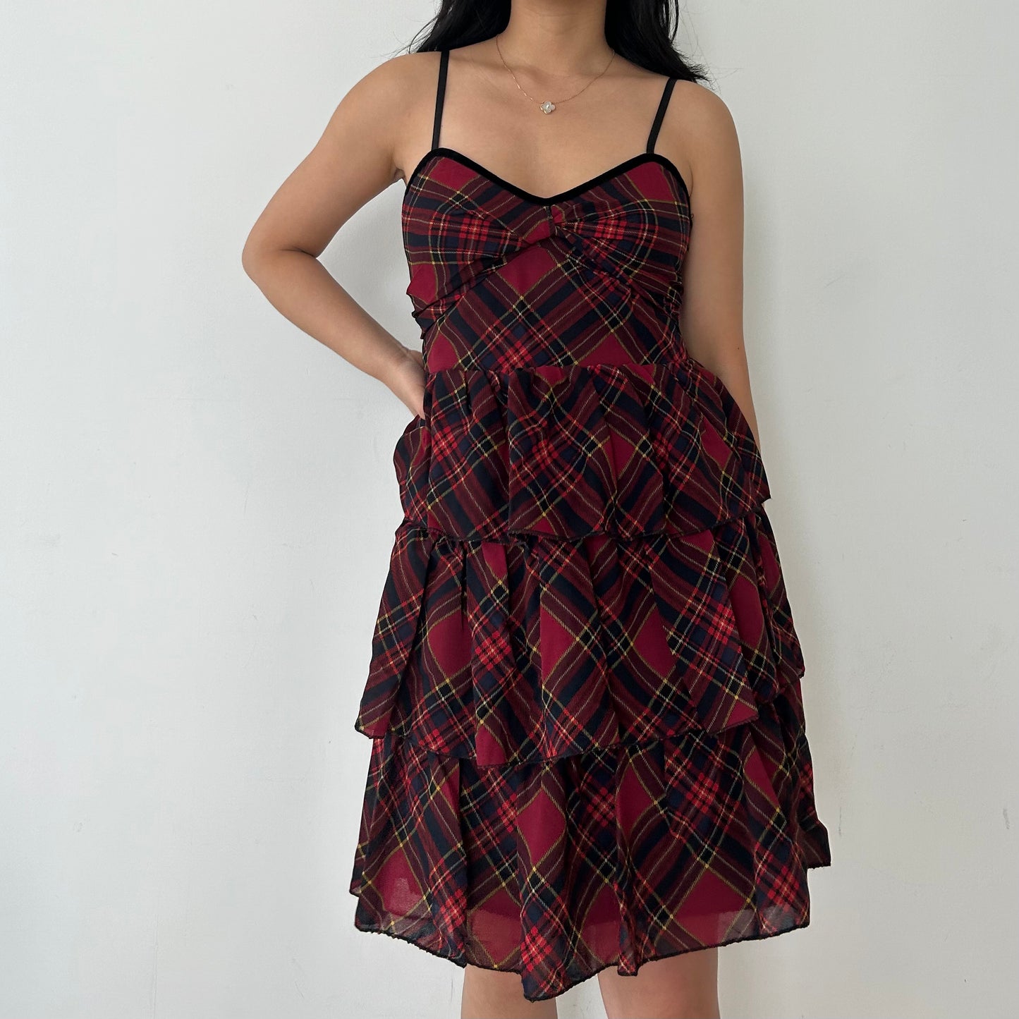 BNWT Made in Italy Red Tartan Ruffle Layered Mini Dress - X-Small