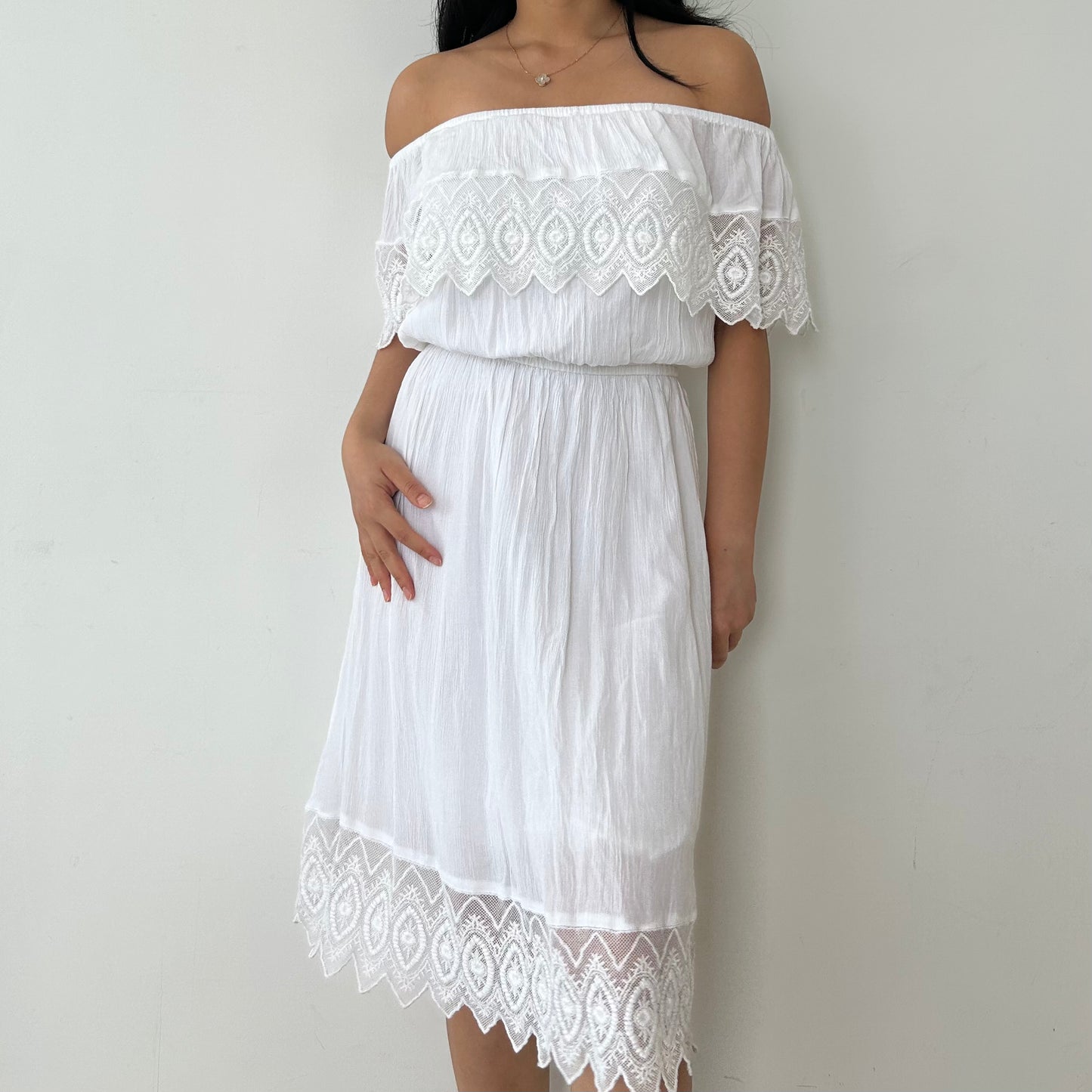 Topshop White Off Shoulder Short Sleeve Lace Boho Summer Dress - Medium