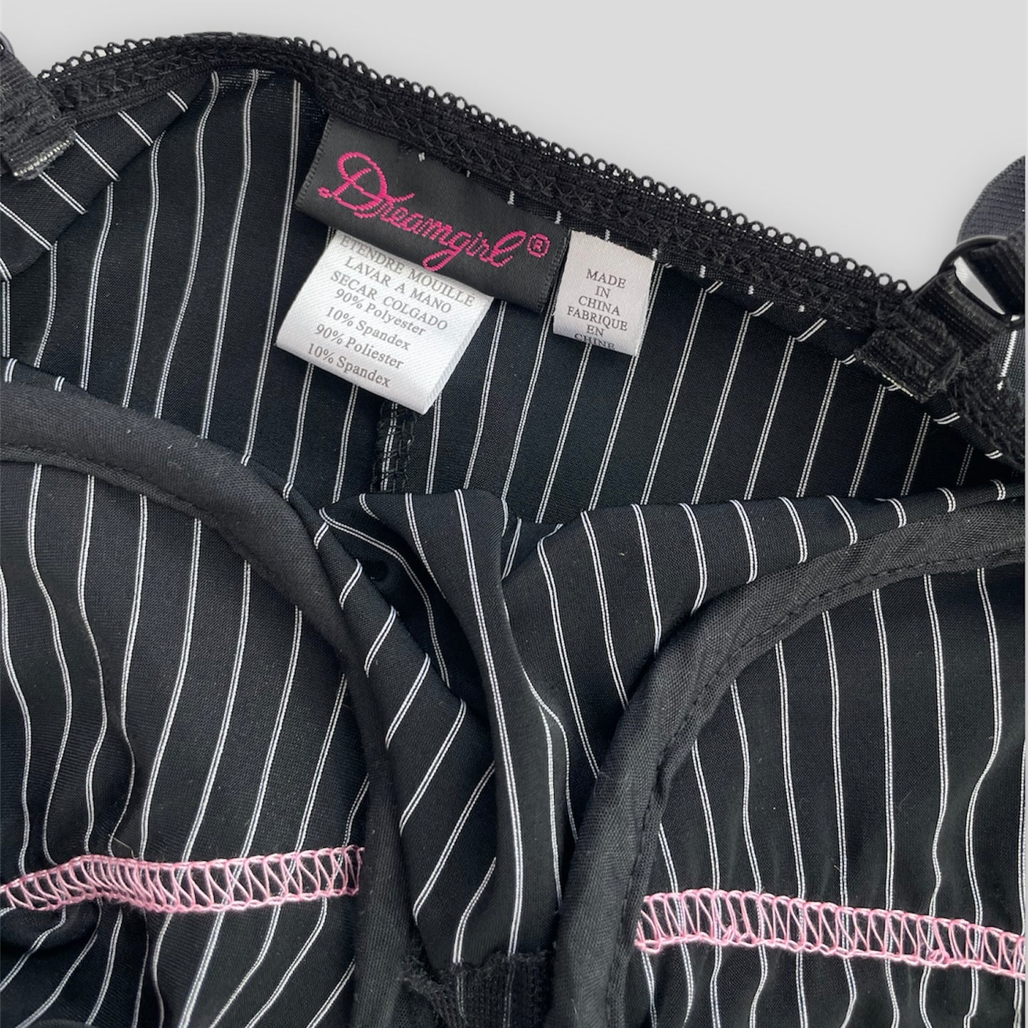 Dreamgirl Black and White Pinstripe Lingerie Top with Pink Ruffle Trim - Small