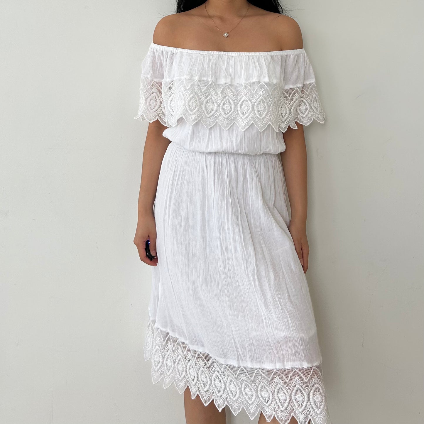 Topshop White Off Shoulder Short Sleeve Lace Boho Summer Dress - Medium