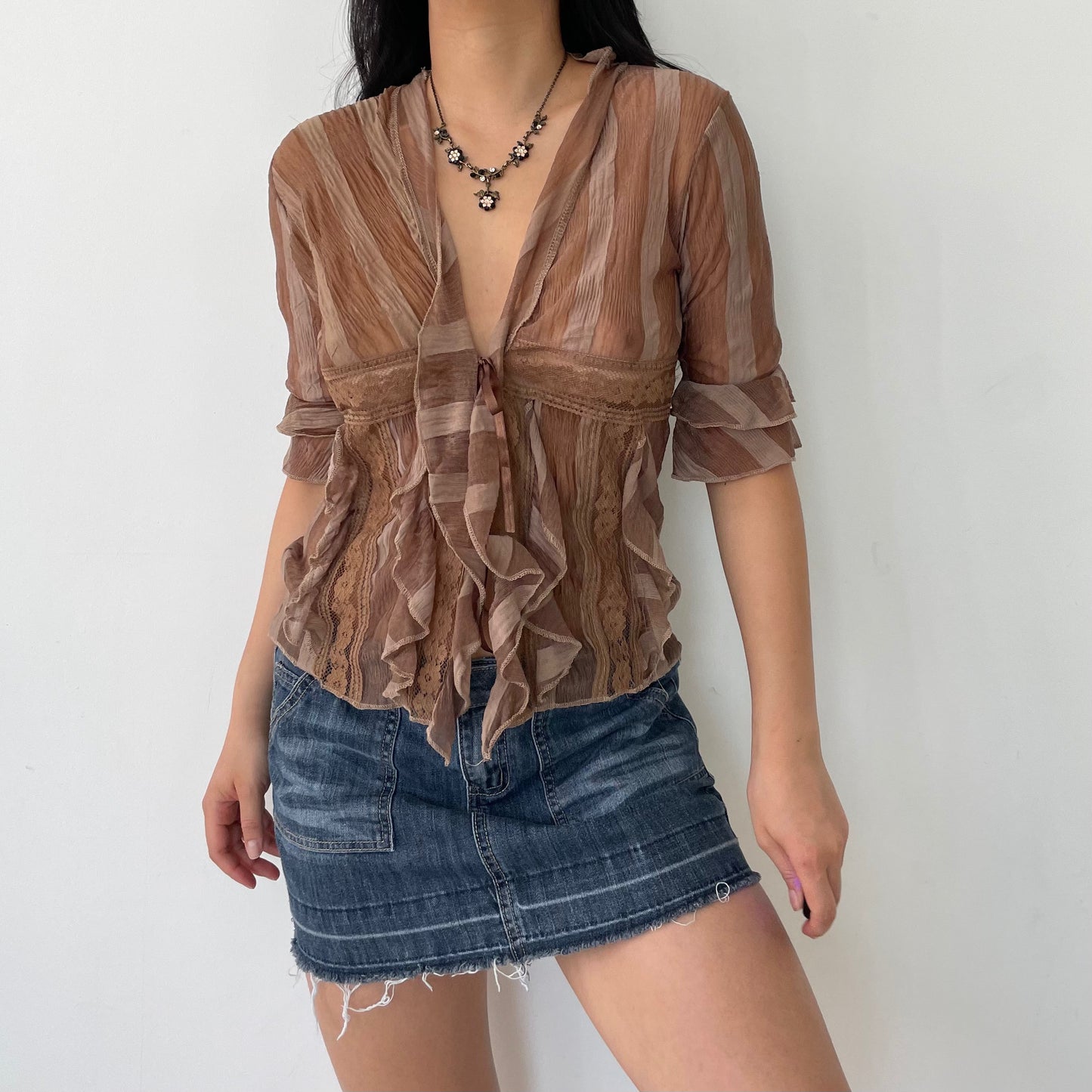 Brown Sheer Ruffle Long Sleeve Tie Front Top - Small/Medium