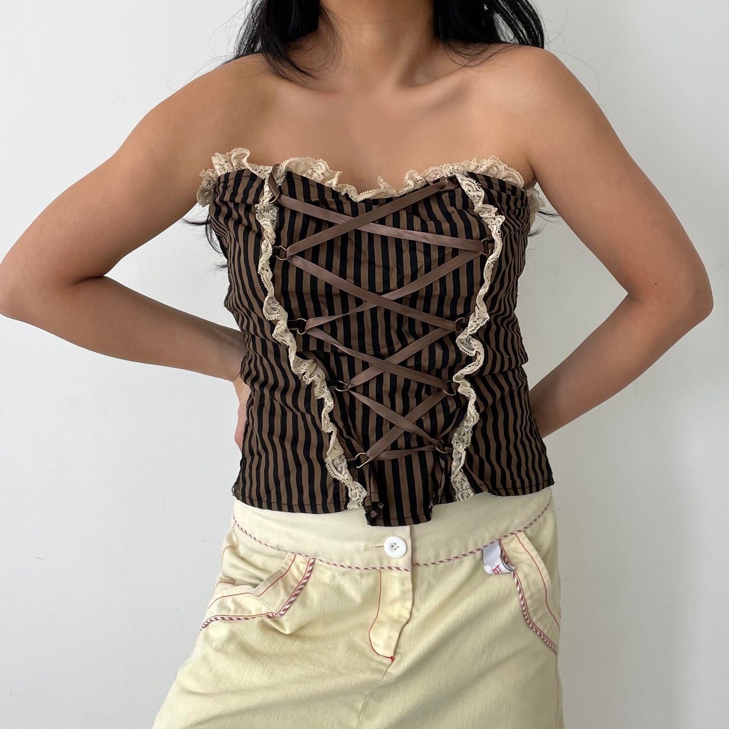 Spin Doctor Brown Lace Trim Strapless Lace Front Brown Striped Top - Large