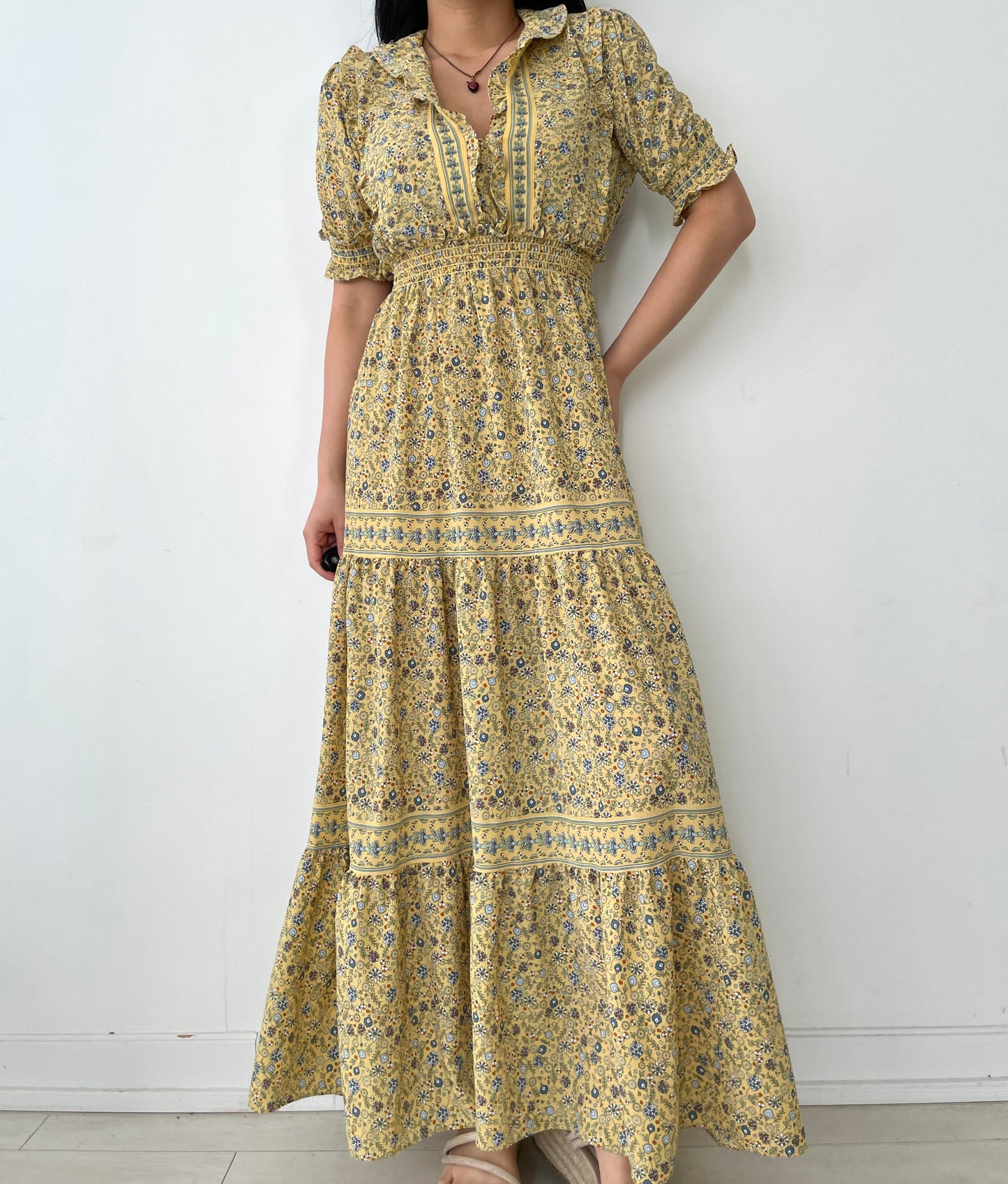 Max Studio Flowy Ruffle Collar Tiered Yellow Floral Maxi Dress - Small