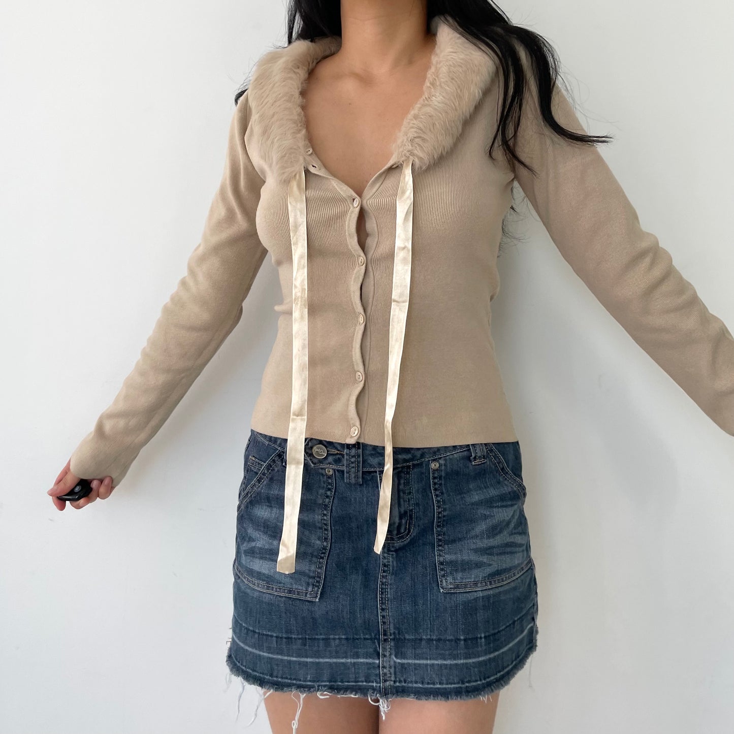 Sandra Angelozzi Beige Fur Trim Cardigan - Small