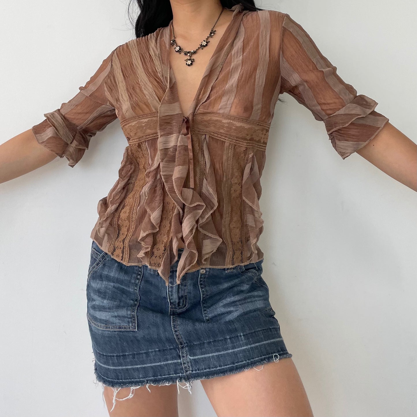 Brown Sheer Ruffle Long Sleeve Tie Front Top - Small/Medium