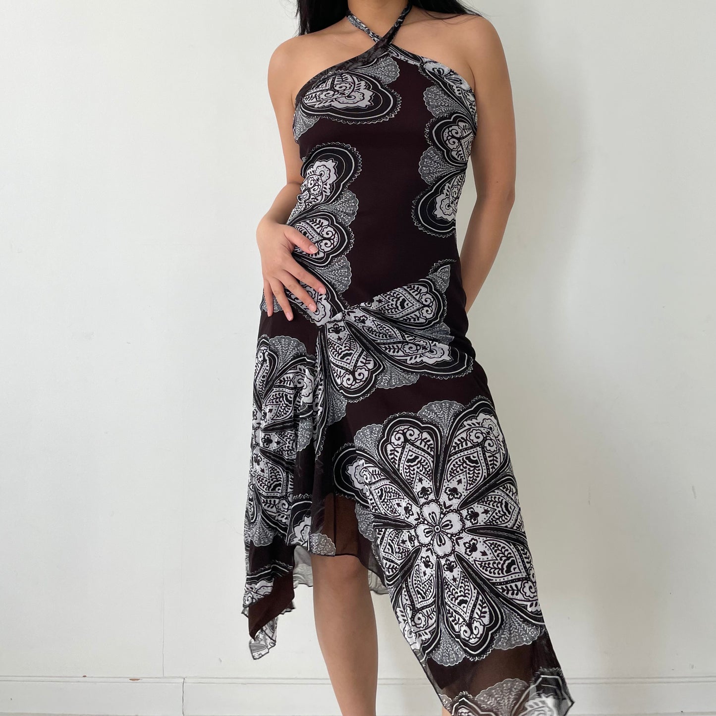 Vintage 1990s Le ChâteauBrown Paisley Print Halter Neck Asymmetrical Hem Midi Dress - X-Small