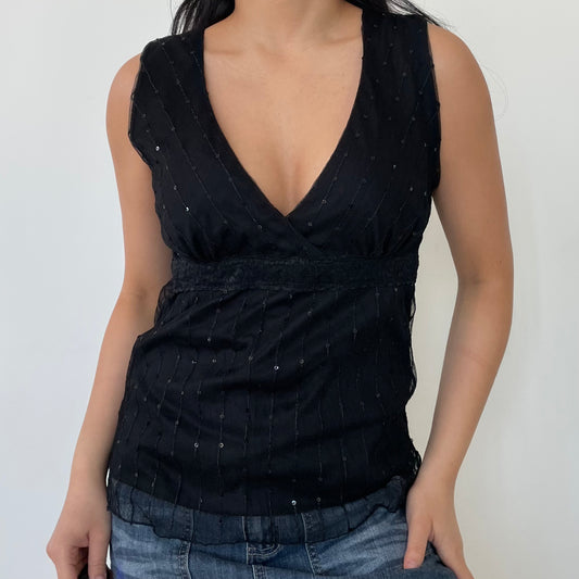 Suzy Shier Black V-Neck Mesh Sequin Tank - Large