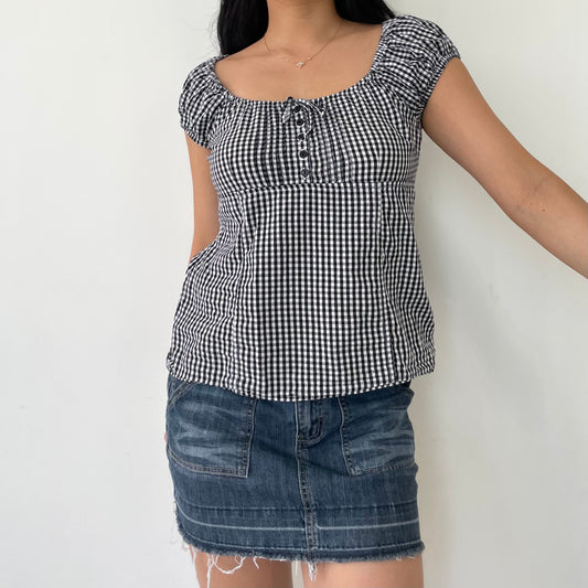 H&M Black and White Gingham Short Sleeve Milkmaid Blouse - X-Small/Small