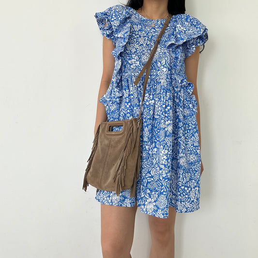 Zara Blue and White Floral Ruffle Sleeve Mini Dress - Small