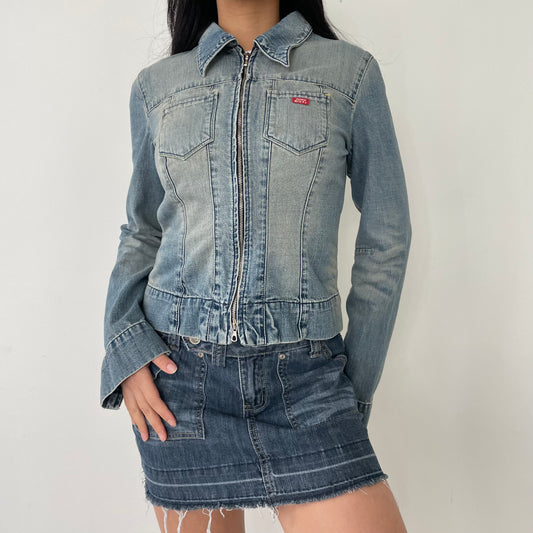 Miss Sixty Denim Zip Up Collared Moto Jacket - Small/Medium