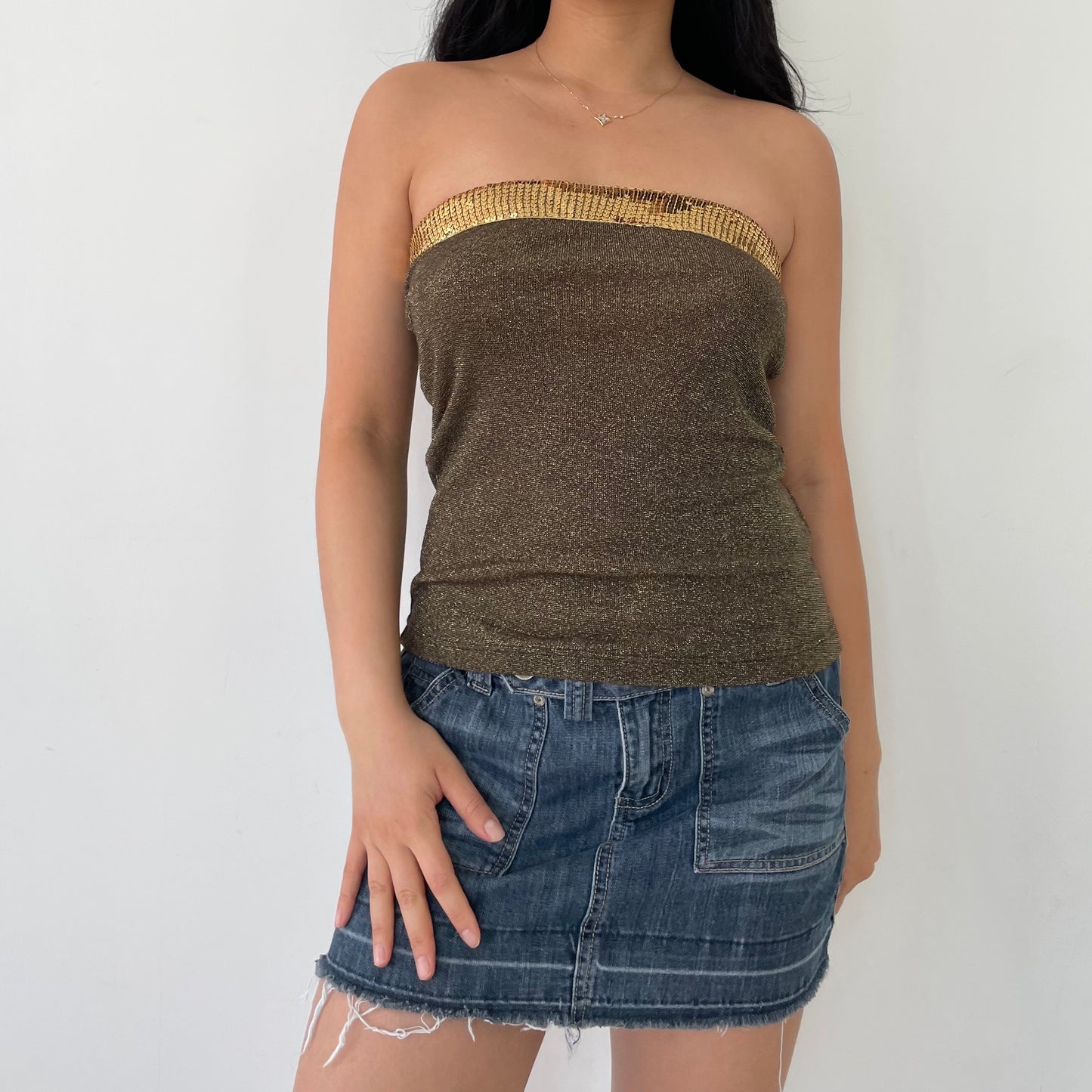 Sabra Bronze and Gold Strapless Sequin Top - Small