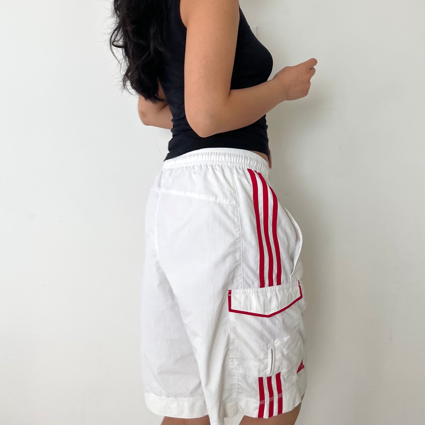 Adidas Blokette Core White and Red Striped Long Basketball Shorts - Medium