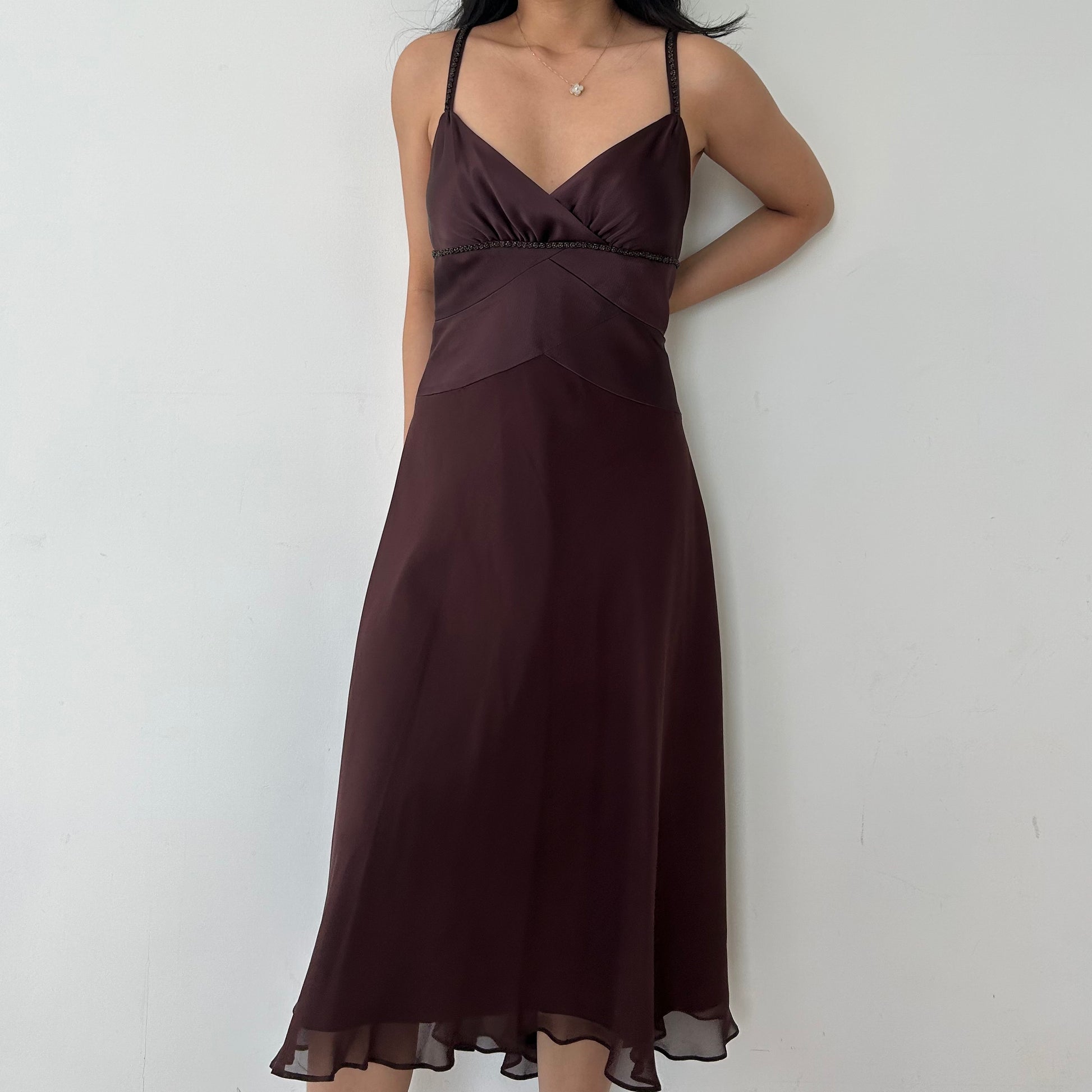 Jones New York Brown Silk V Neck Midi Formal Dress Medium