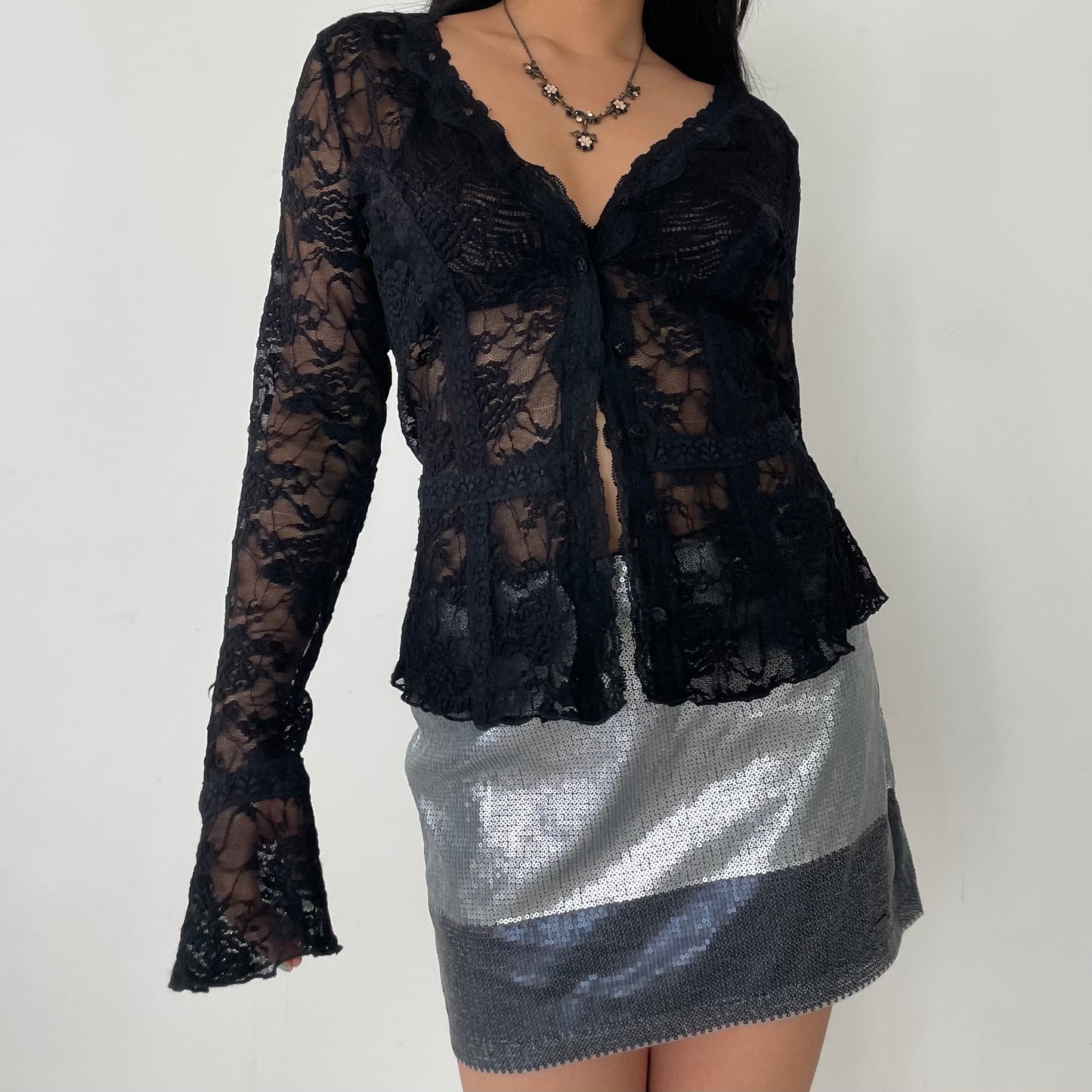 Le Chateau Black Long Sheer Sleeve Lace Cardigan - Small