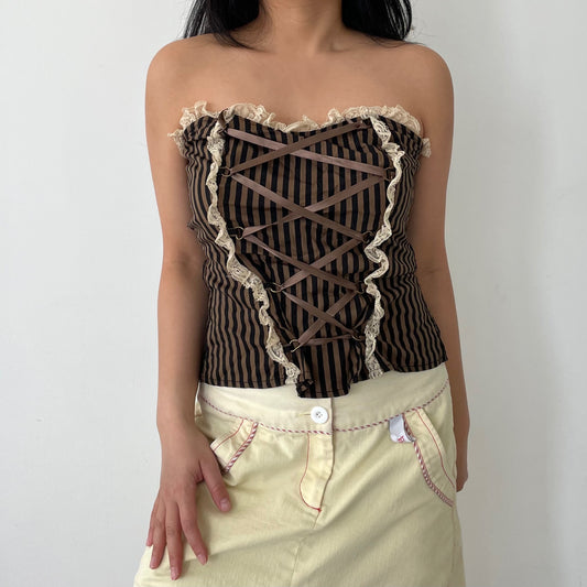 Spin Doctor Brown Lace Trim Strapless Lace Front Brown Striped Top - Large