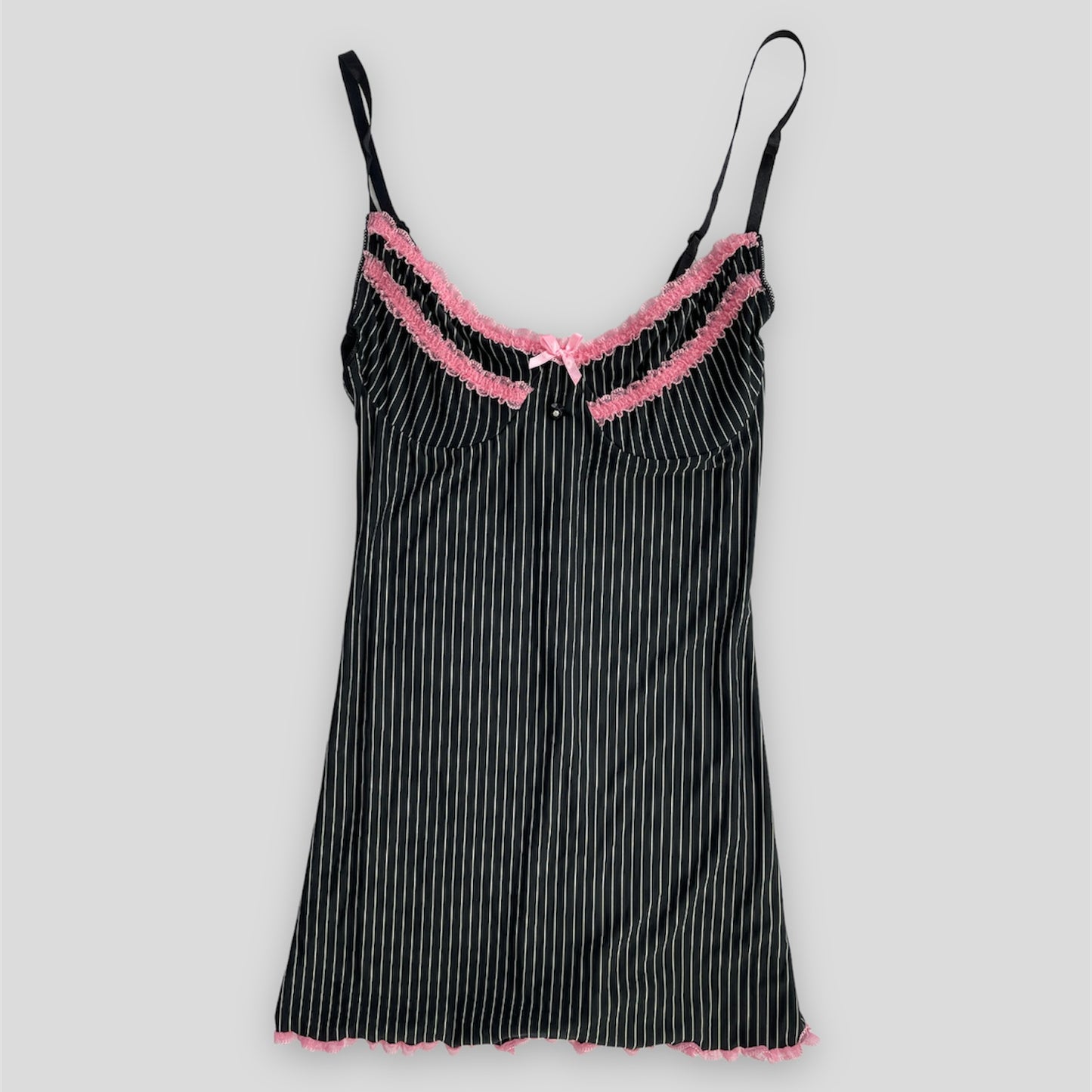 Dreamgirl Black and White Pinstripe Lingerie Top with Pink Ruffle Trim - Small