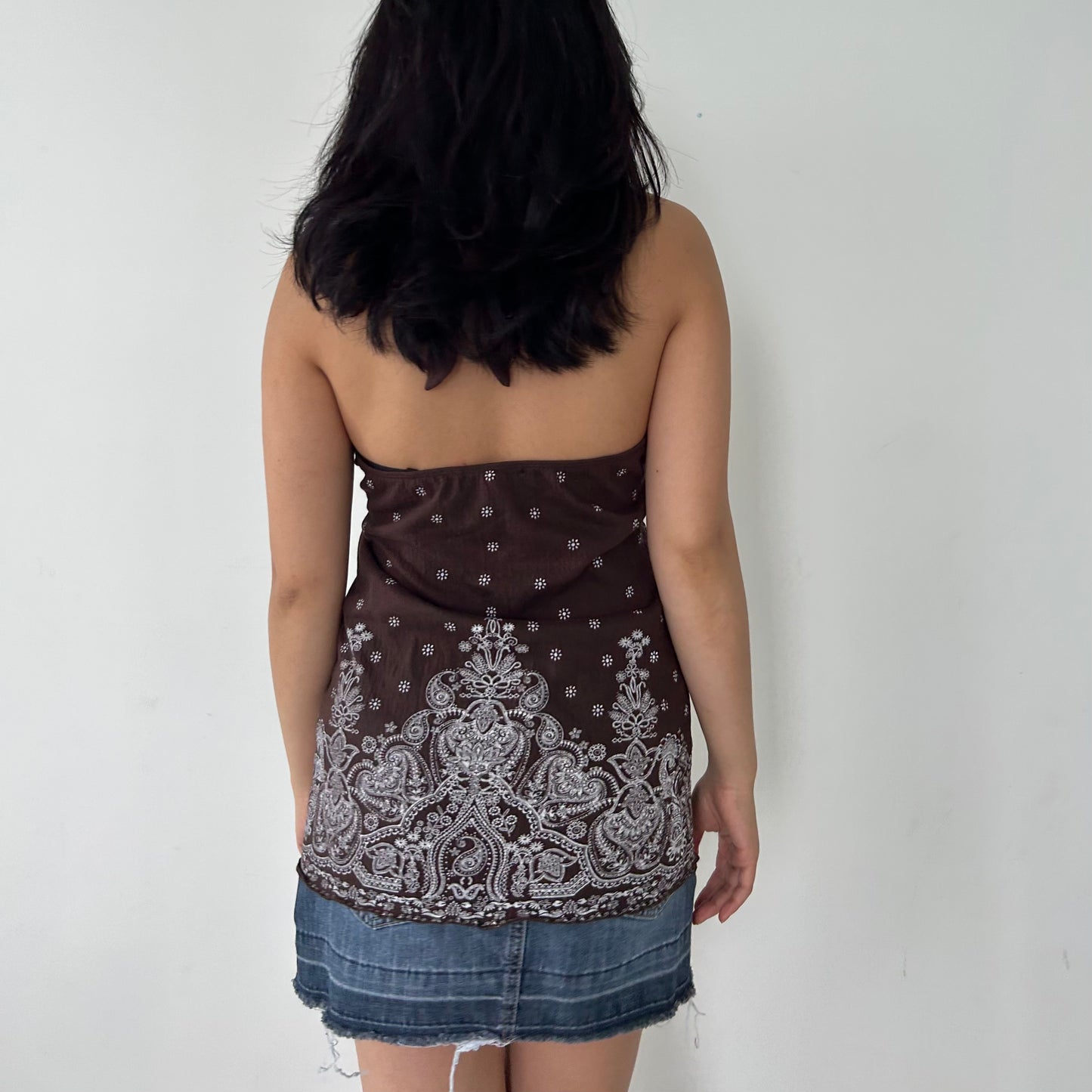 Brown Paisley Print Wooden O-Ring Beaded Halter Neck Top - Large