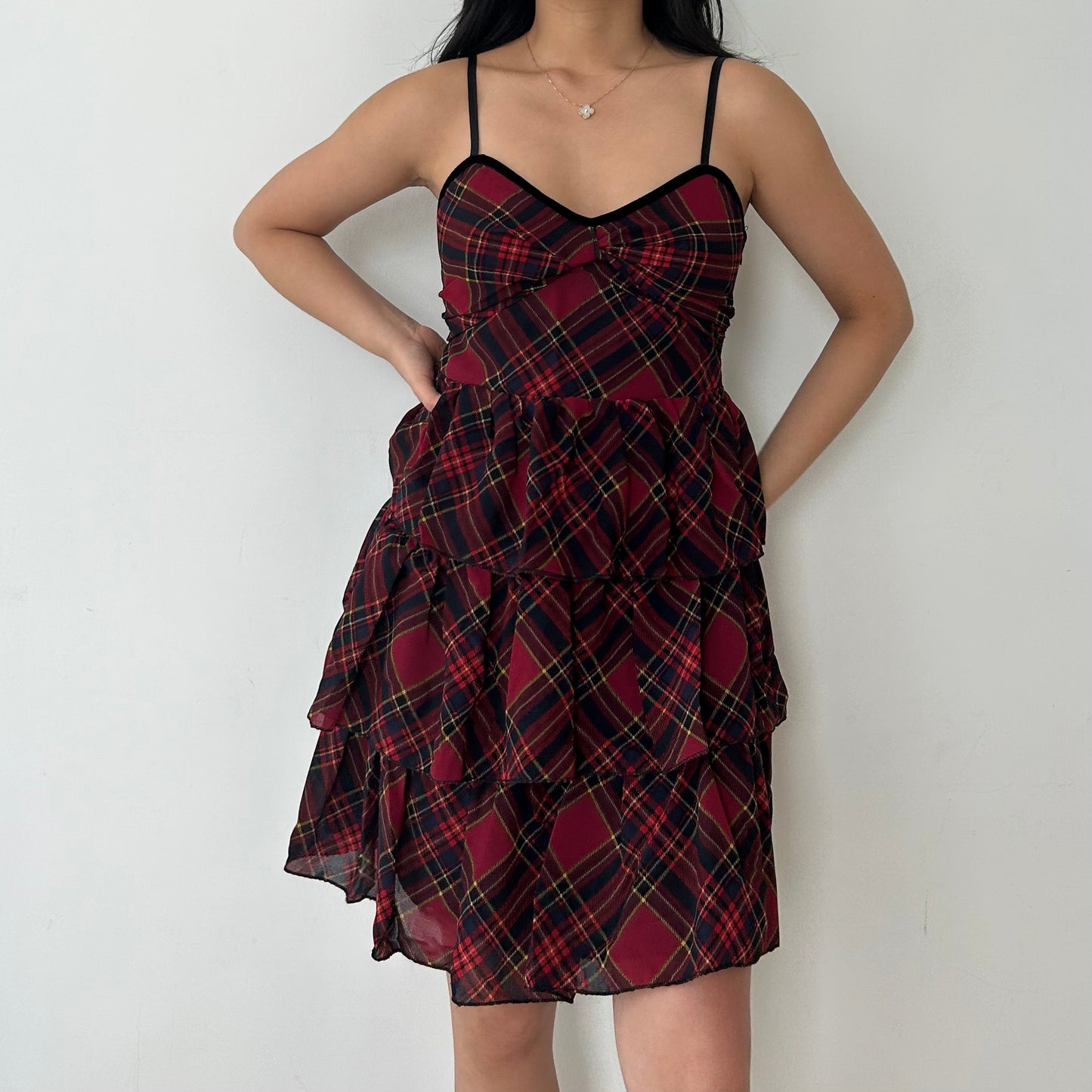 BNWT Made in Italy Red Tartan Ruffle Layered Mini Dress - X-Small