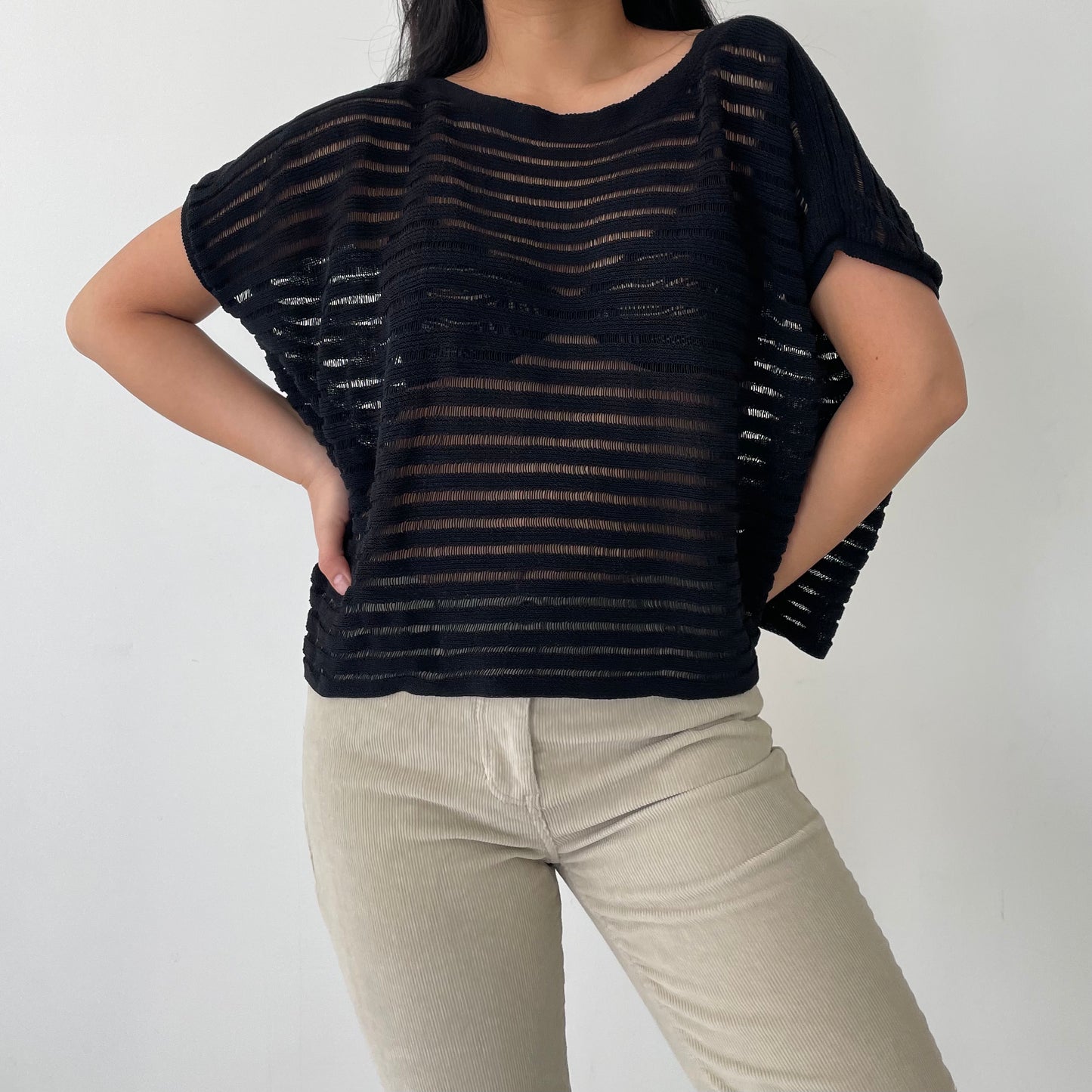 Eileen Fisher Sheer Black Striped Short Sleeve Batwing Top - X-Small/Small