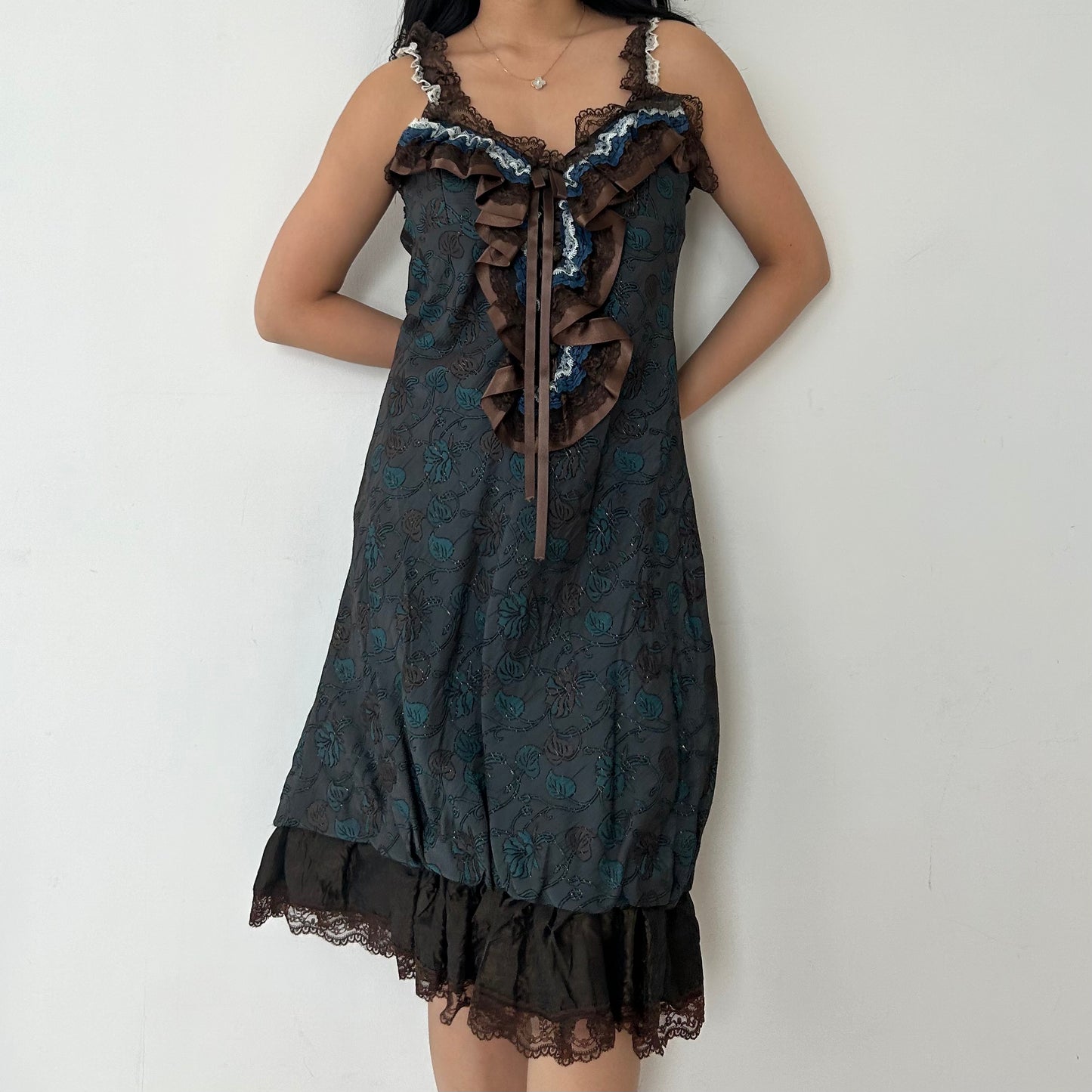 Vintage Barbara Milano Dark Teal and Brown Heavy Brocade Jacquard Gothic Lolita Dress - Small