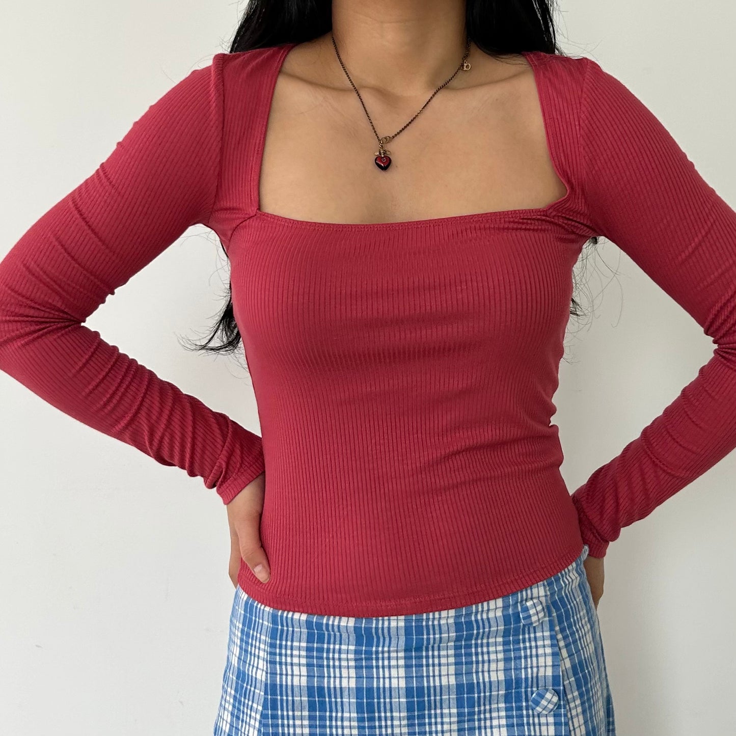 Forever 21 Berry Red Ribbed Long Sleeve Square Neck Top - Medium