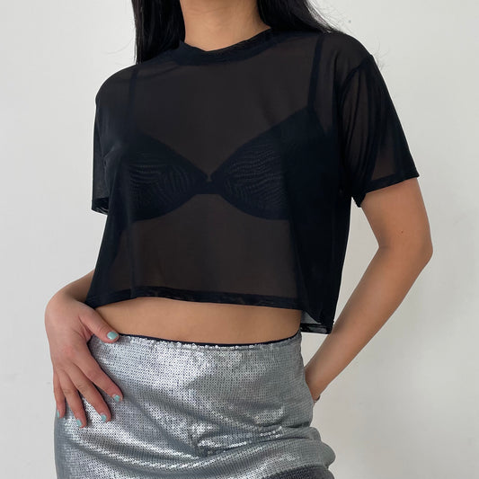 Joah Brown Black Sheer Mesh Short Sleeve Crop Top (XS-L)