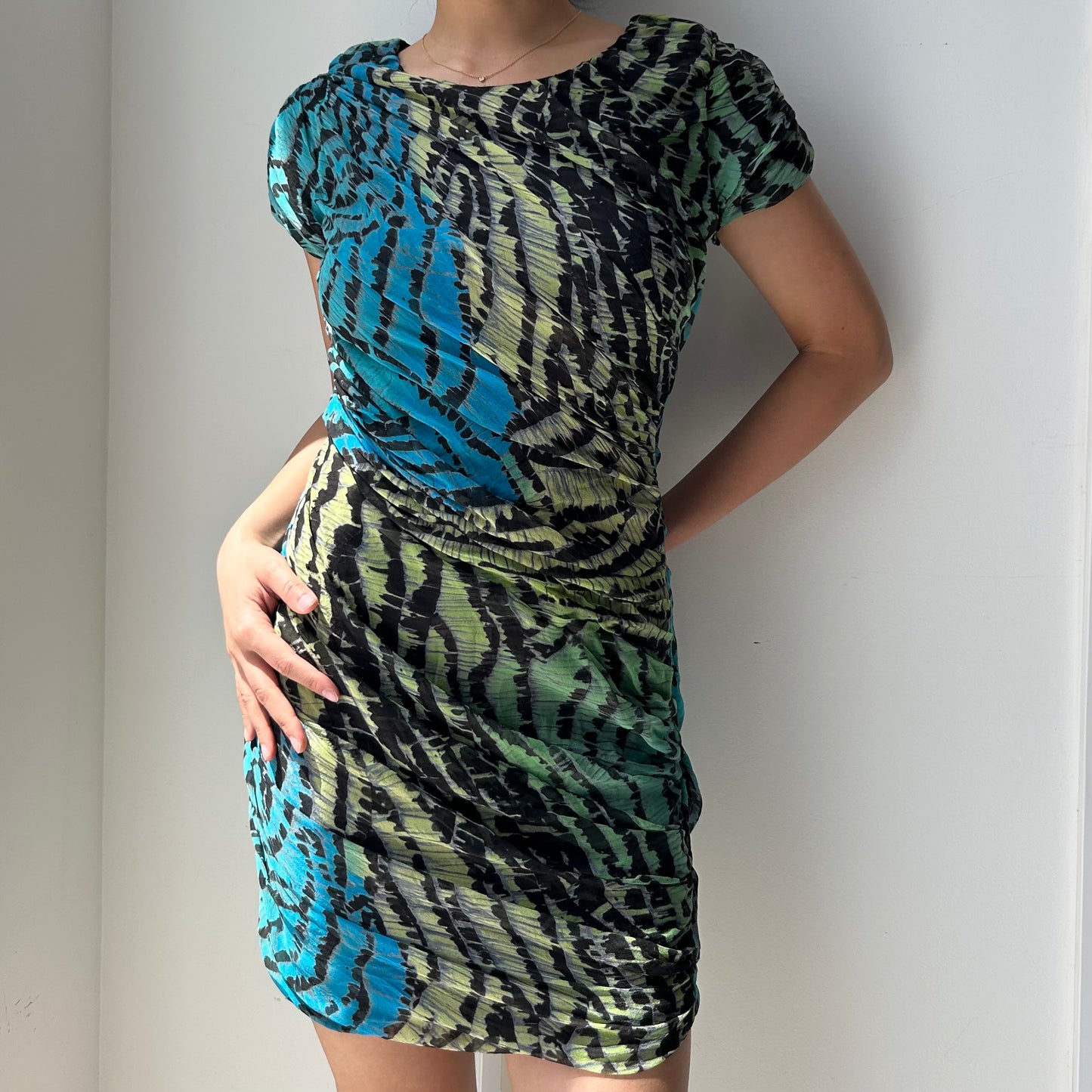 Diane Von Furstenberg Green And Blue Ruched Abstract Print Silk Dress - X-Small
