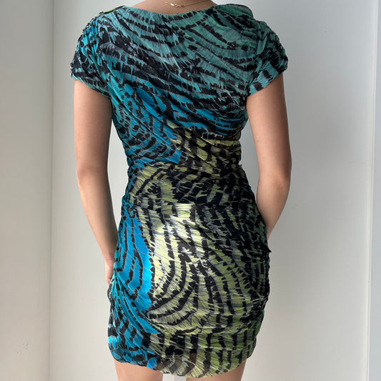 Diane Von Furstenberg Green And Blue Ruched Abstract Print Silk Dress - X-Small