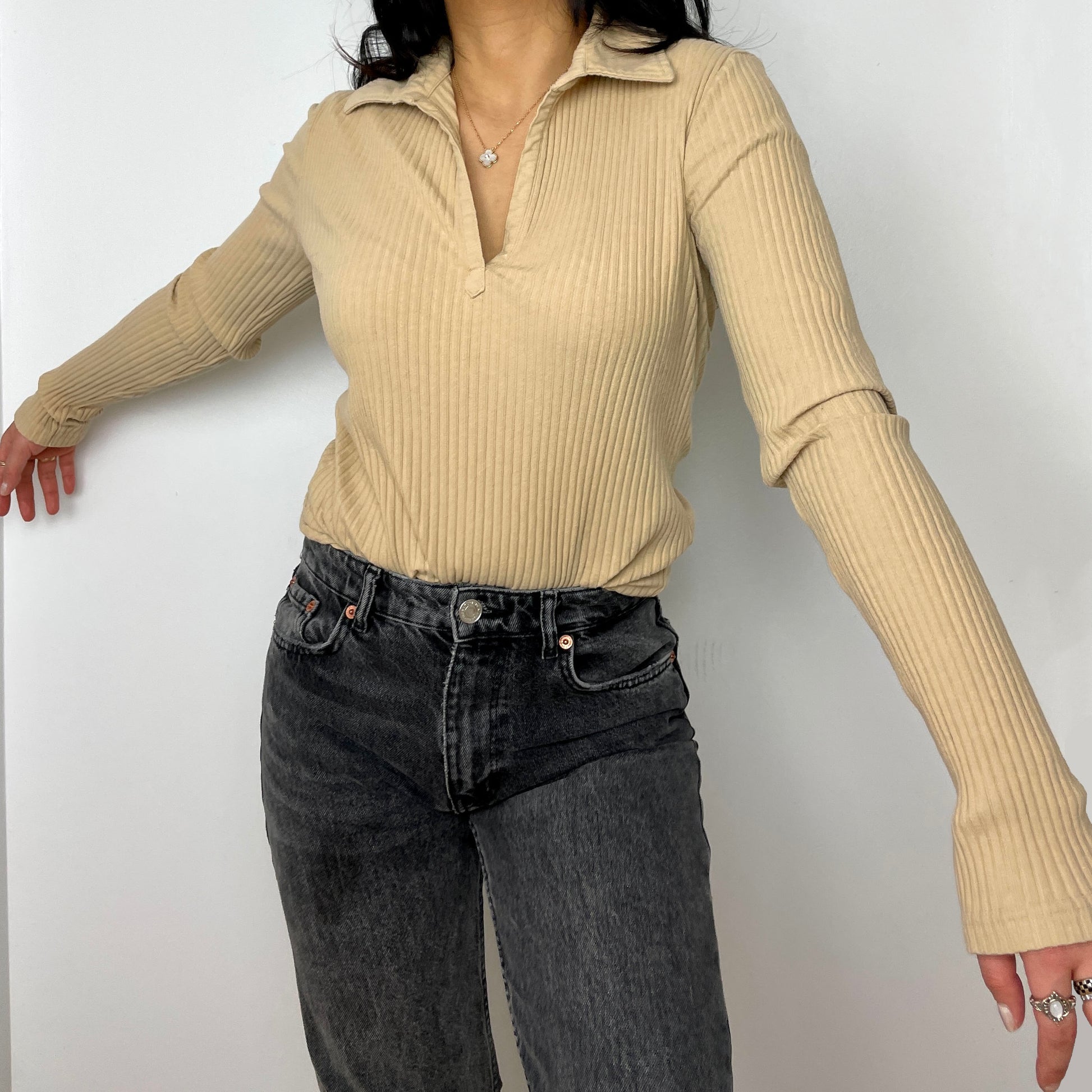 Beige Long Sleeve Collared Tee - Zoehify 