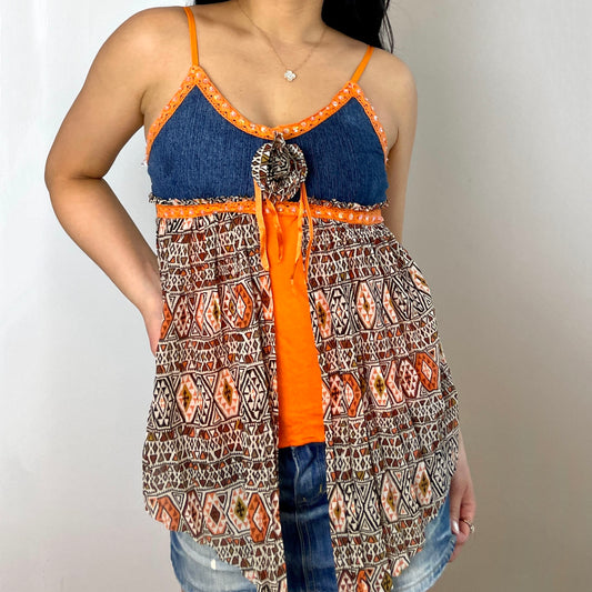Denim and Orange Tank Top with Patterned Overlay - Zoehify