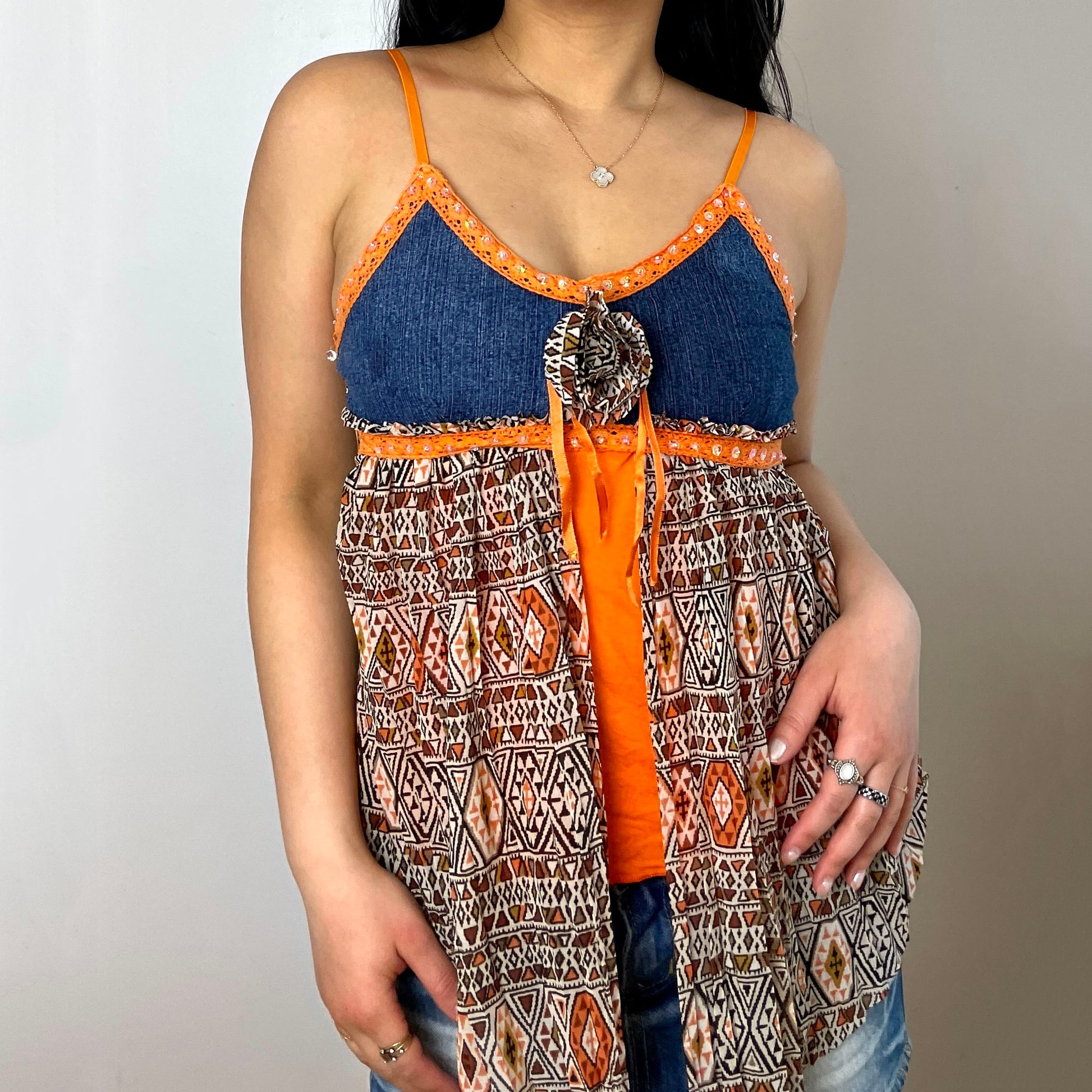 Denim and Orange Tank Top with Patterned Overlay - Zoehify 