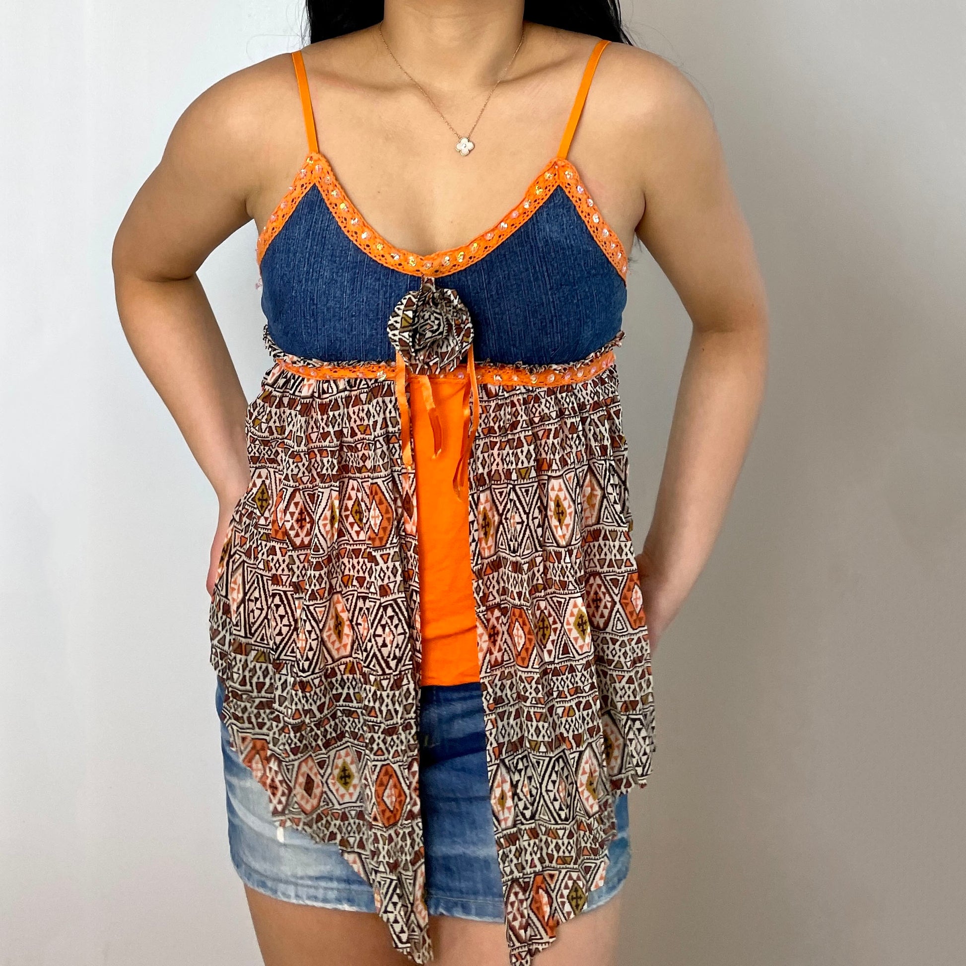 Denim and Orange Tank Top with Patterned Overlay - Zoehify 