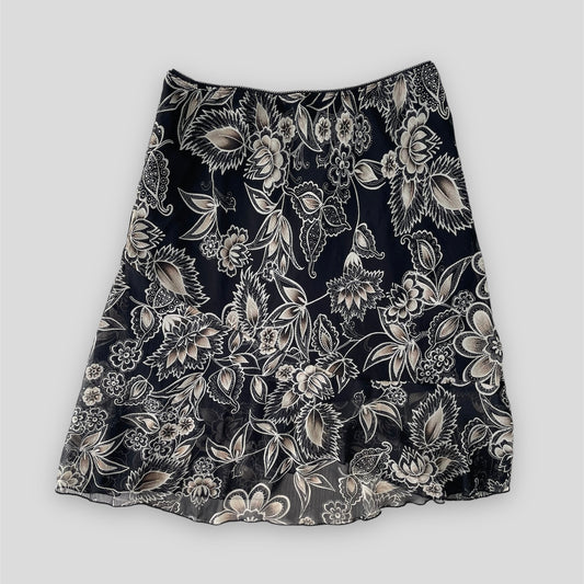 Vintage Black Floral Midi Skirt - Medium