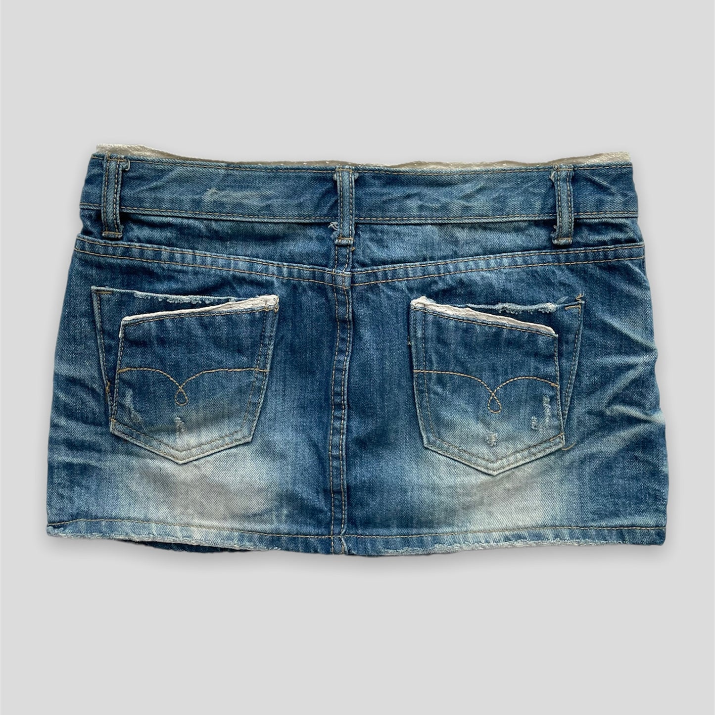 Lace Trim Mini Stone Wash Denim Skirt - Small