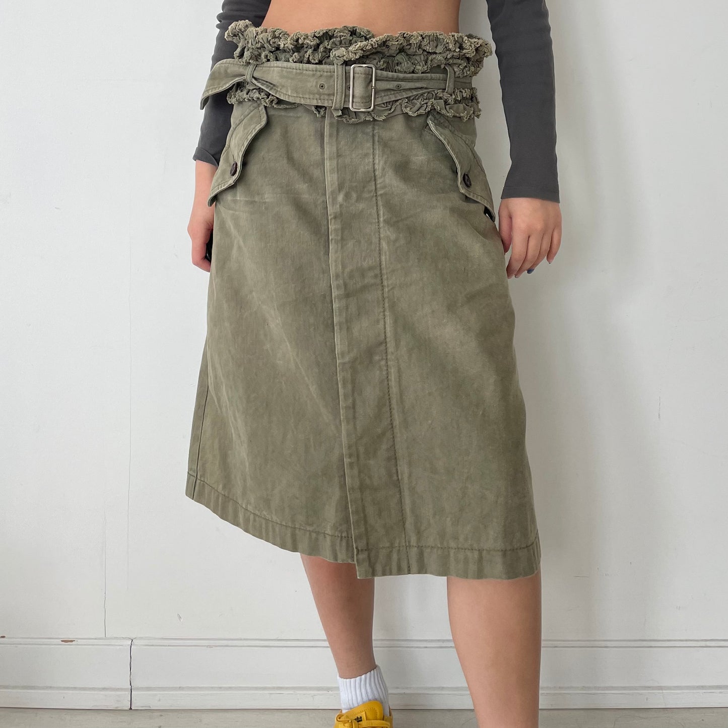 2007 Tricot Comme des Garçons Khaki Green Belted Cotton Midi Skirt - Medium