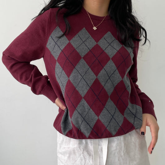 Tommy Hilfiger Burgundy Long Sleeve Argyle Jumper - Medium