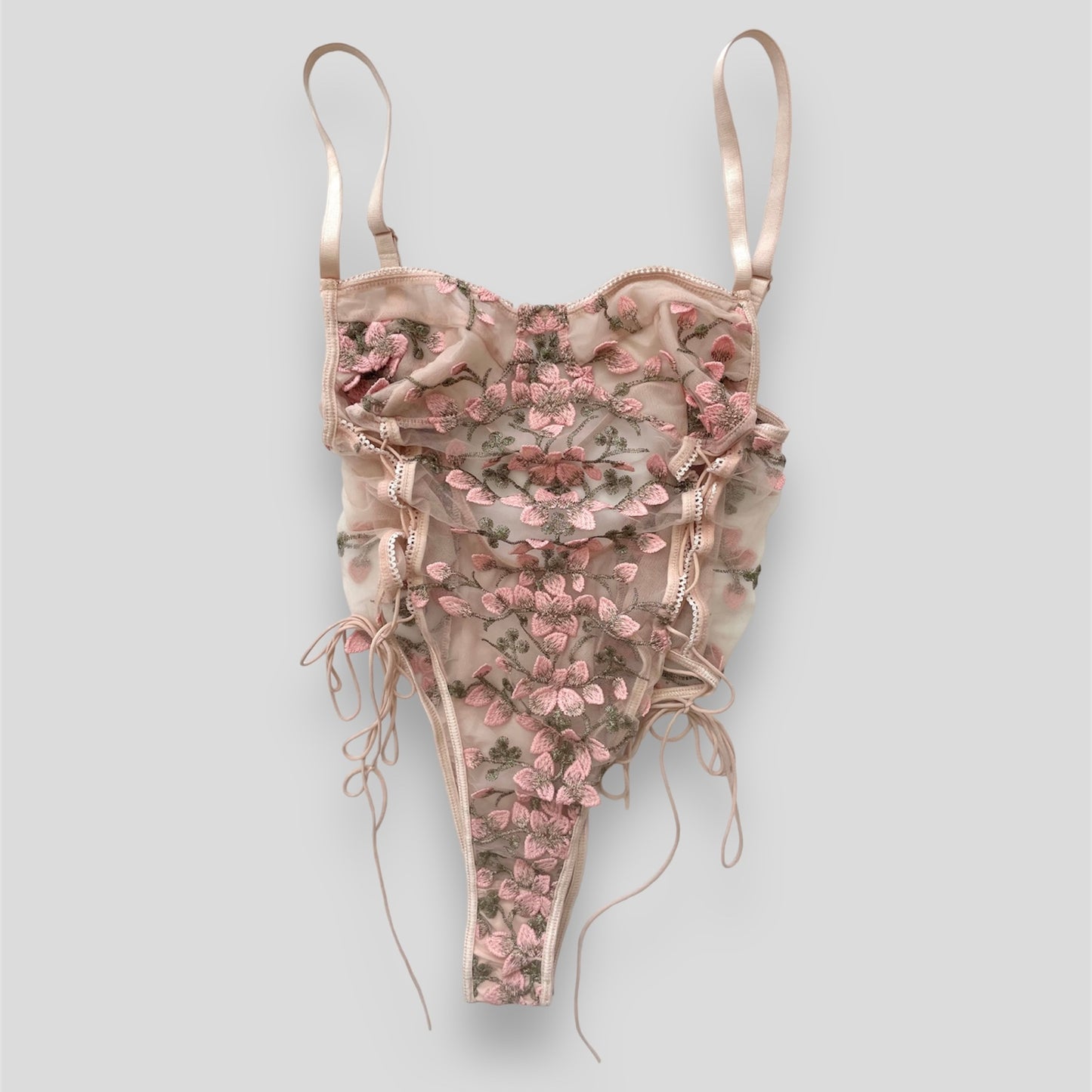 Pink Mesh Floral Embroidered Lingerie Bodysuit - XX-Small