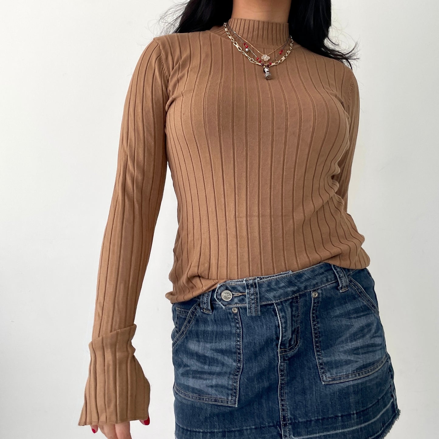 H&M Camel Ribbed Mock Neck Long Sleeve Top