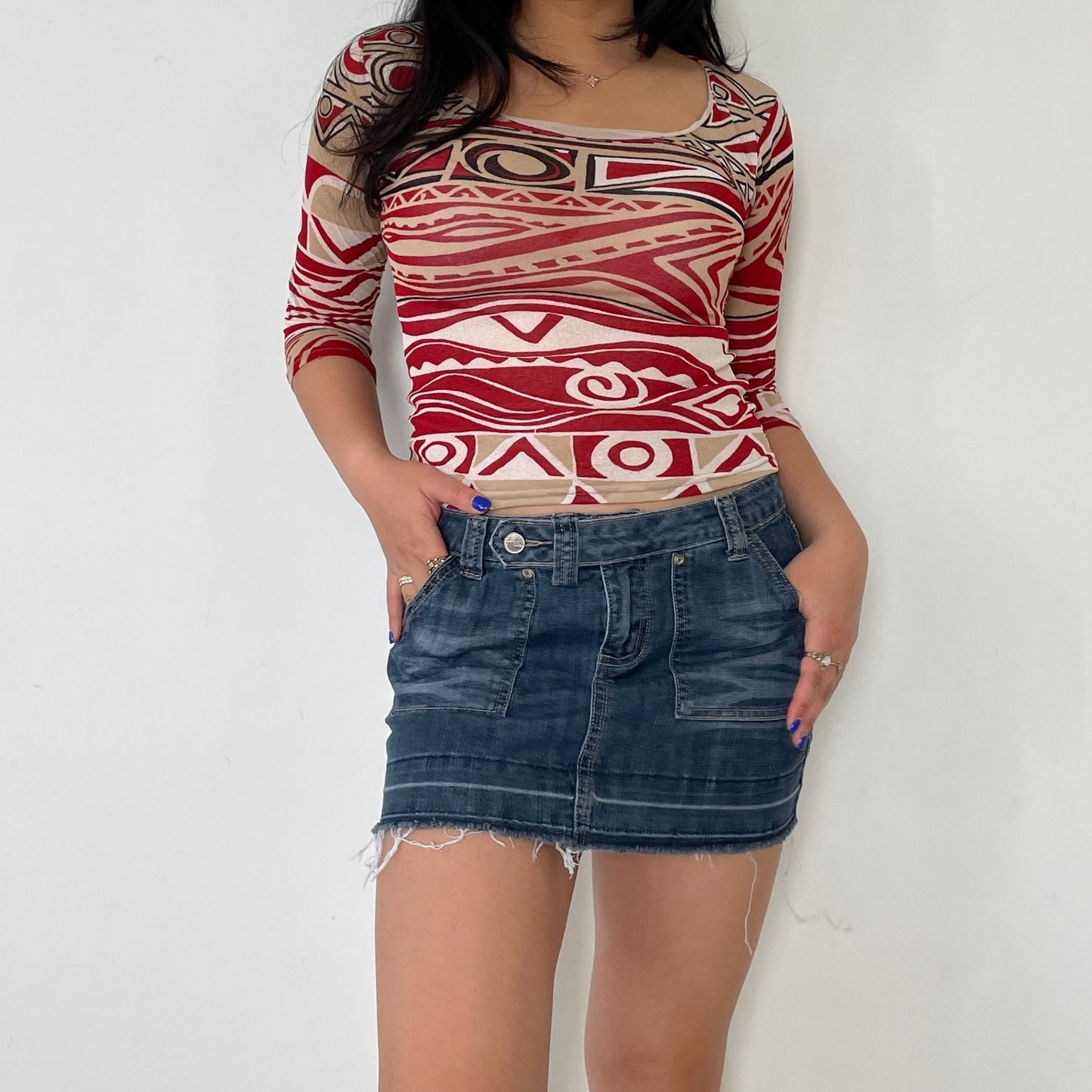 Red Patterned Micro Mesh 3/4 Sleeve Top - Zoehify 