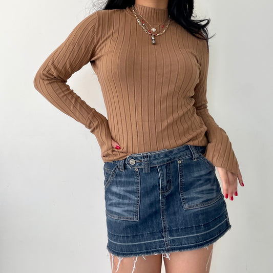 H&M Camel Ribbed Mock Neck Long Sleeve Top