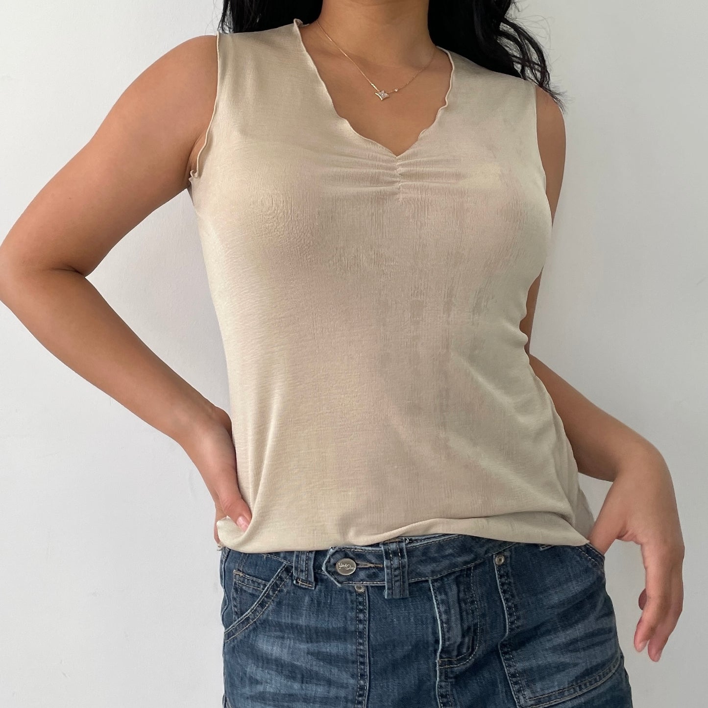 Gold Sleeveless Lettuce Trim Top