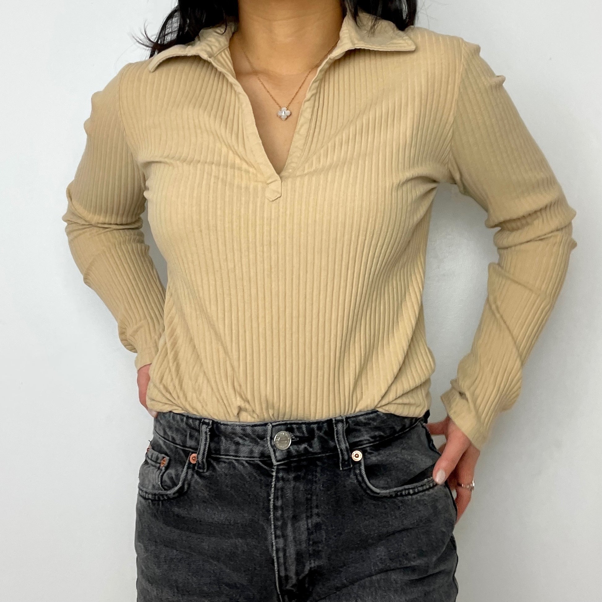 Beige Long Sleeve Collared Tee - Zoehify 